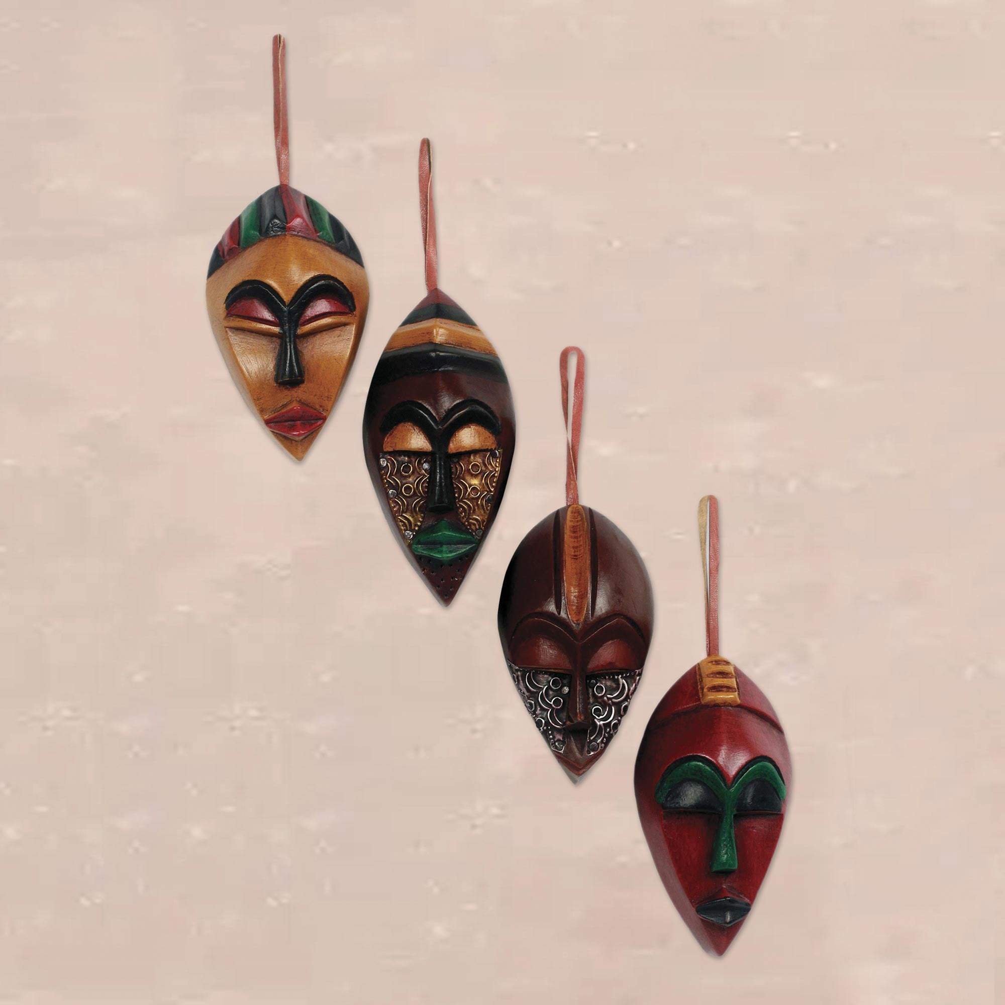 Premium African Wood Christmas Ornaments - Hand-Carved Celebration Masks (Set of 4)