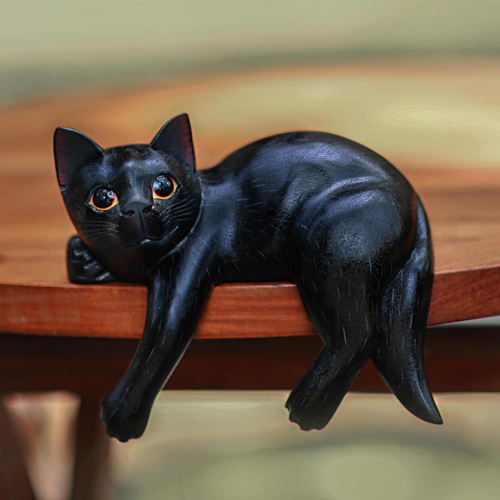 Premium Balinese Black Cat Sculpture - Handcrafted & Signed