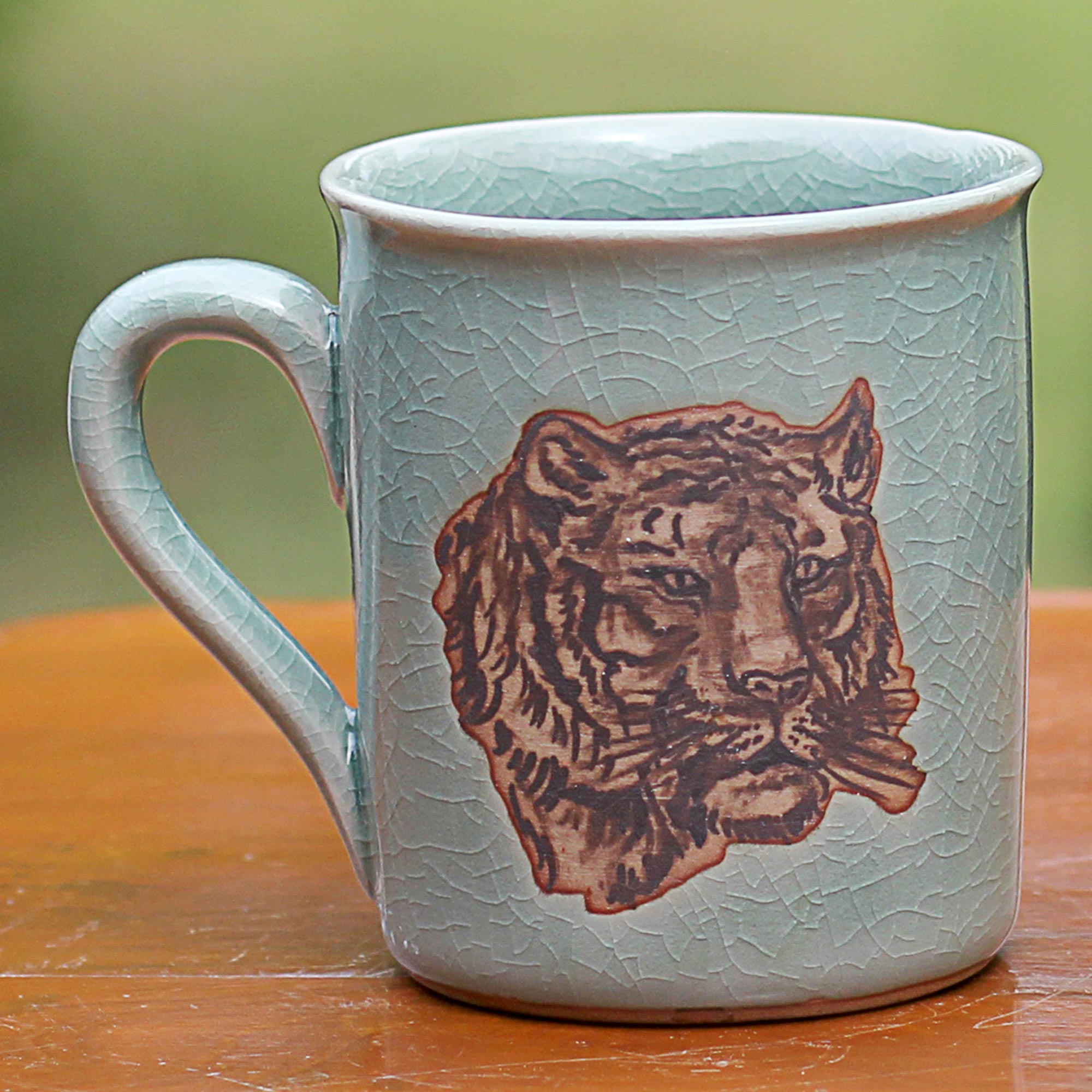 Premium Hand-Painted Celadon Tiger Mug – Thai Artisan Crafted