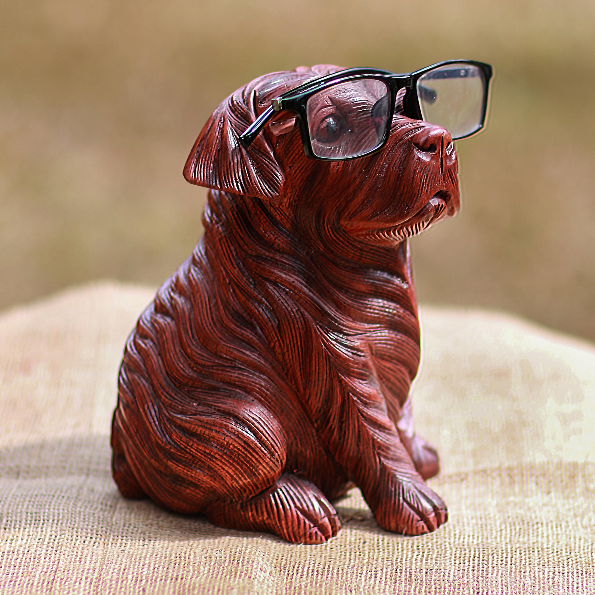 Premium Hand-Carved Suar Wood Pug Eyeglasses Holder - Ultimate Desk Companion