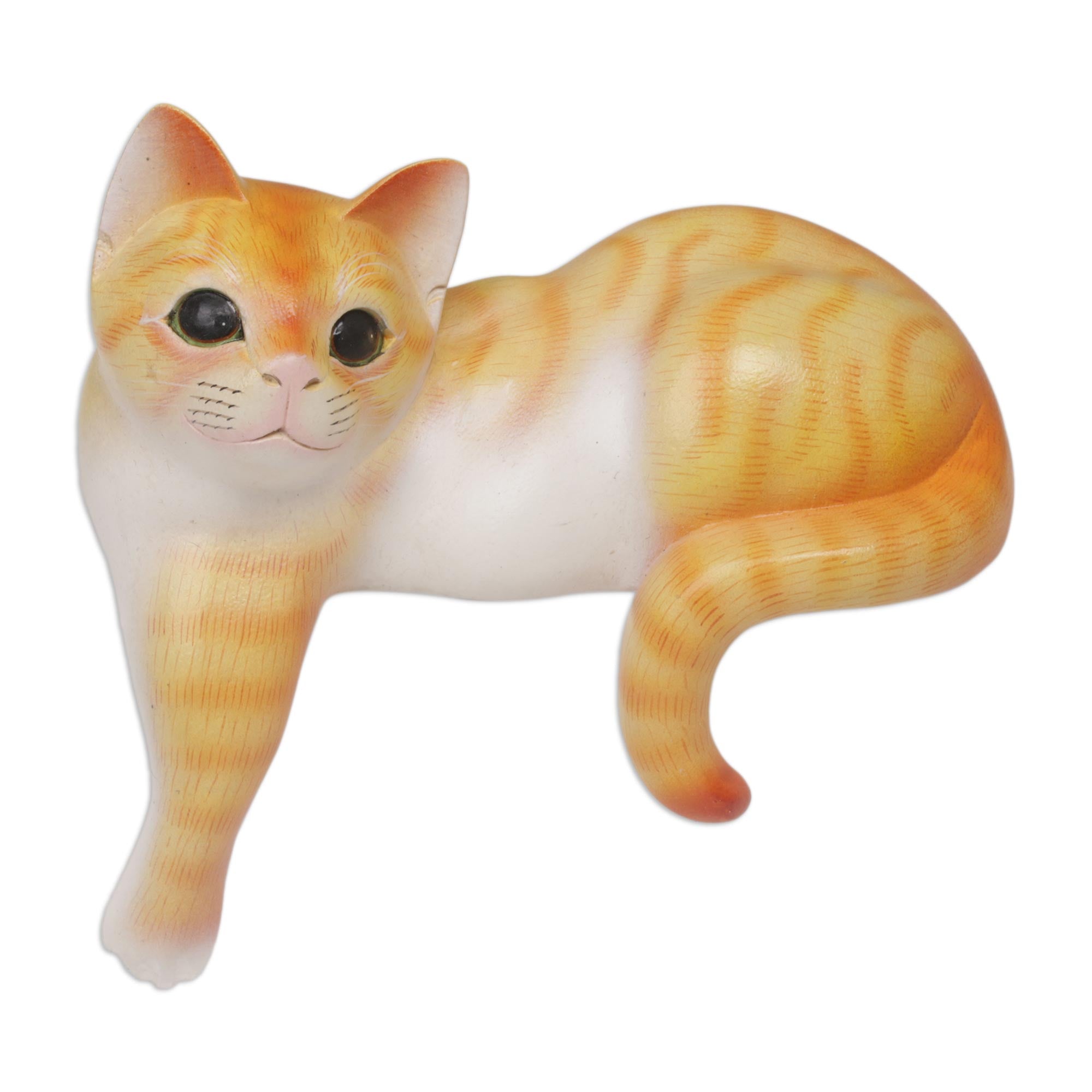 Premium Hand-Carved Orange Cat Sculpture - Authentic Bali Suar Wood Art