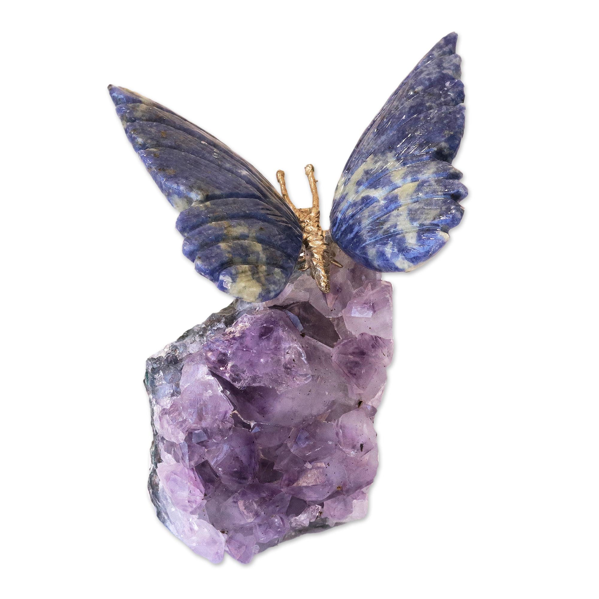 Premium Blue Morpho Butterfly Sculpture - Handcrafted Sodalite & Amethyst Art Piece