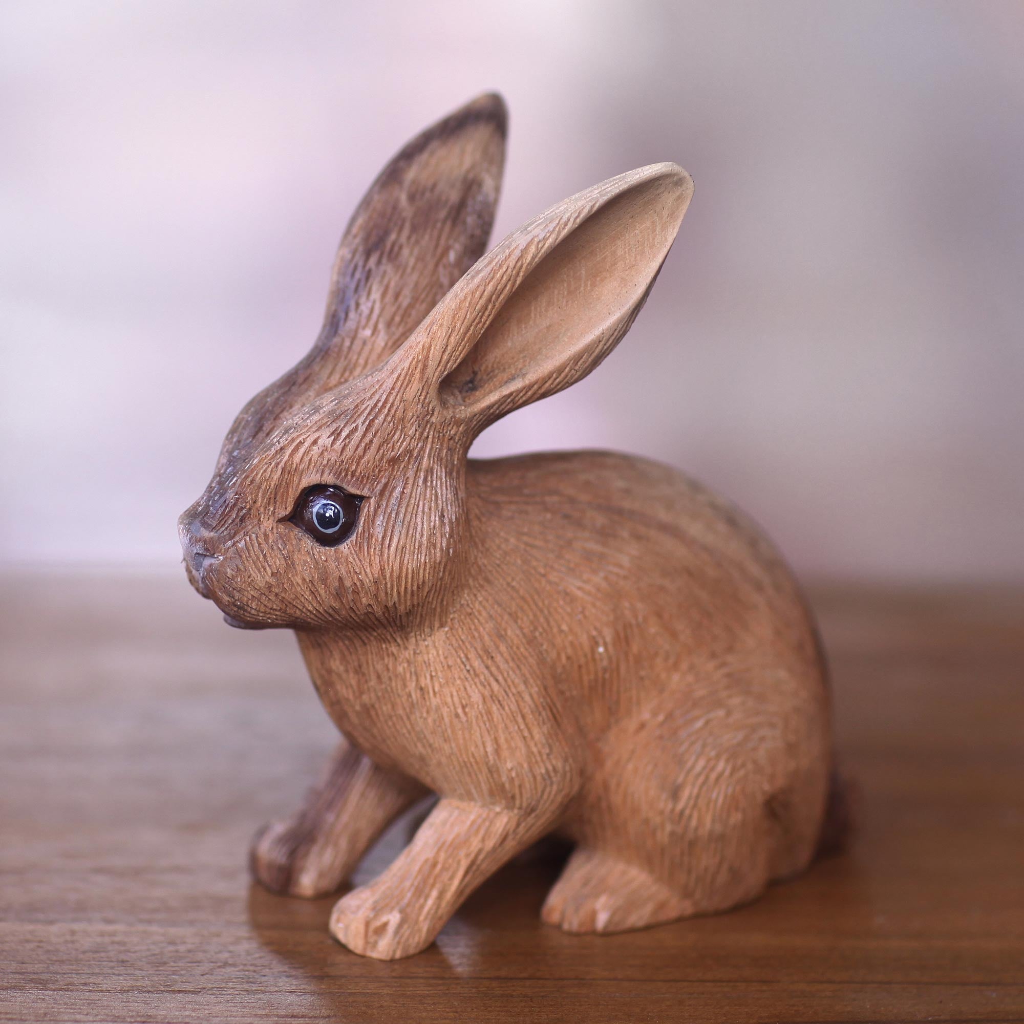 Premium Hand-Carved Long-Haired Ginger Rabbit Statue - Authentic Balinese Artistry