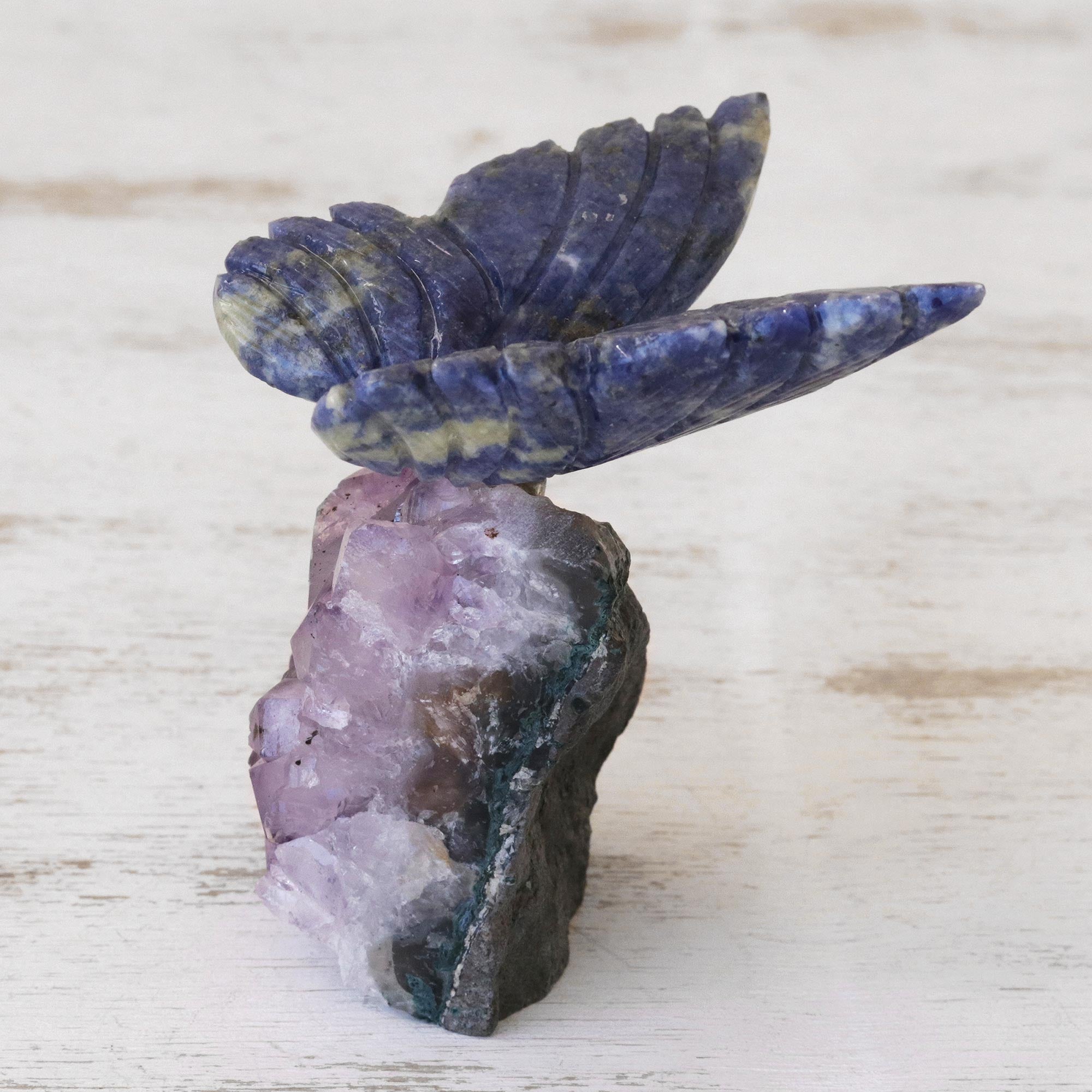 Premium Blue Morpho Butterfly Sculpture - Handcrafted Sodalite & Amethyst Art Piece