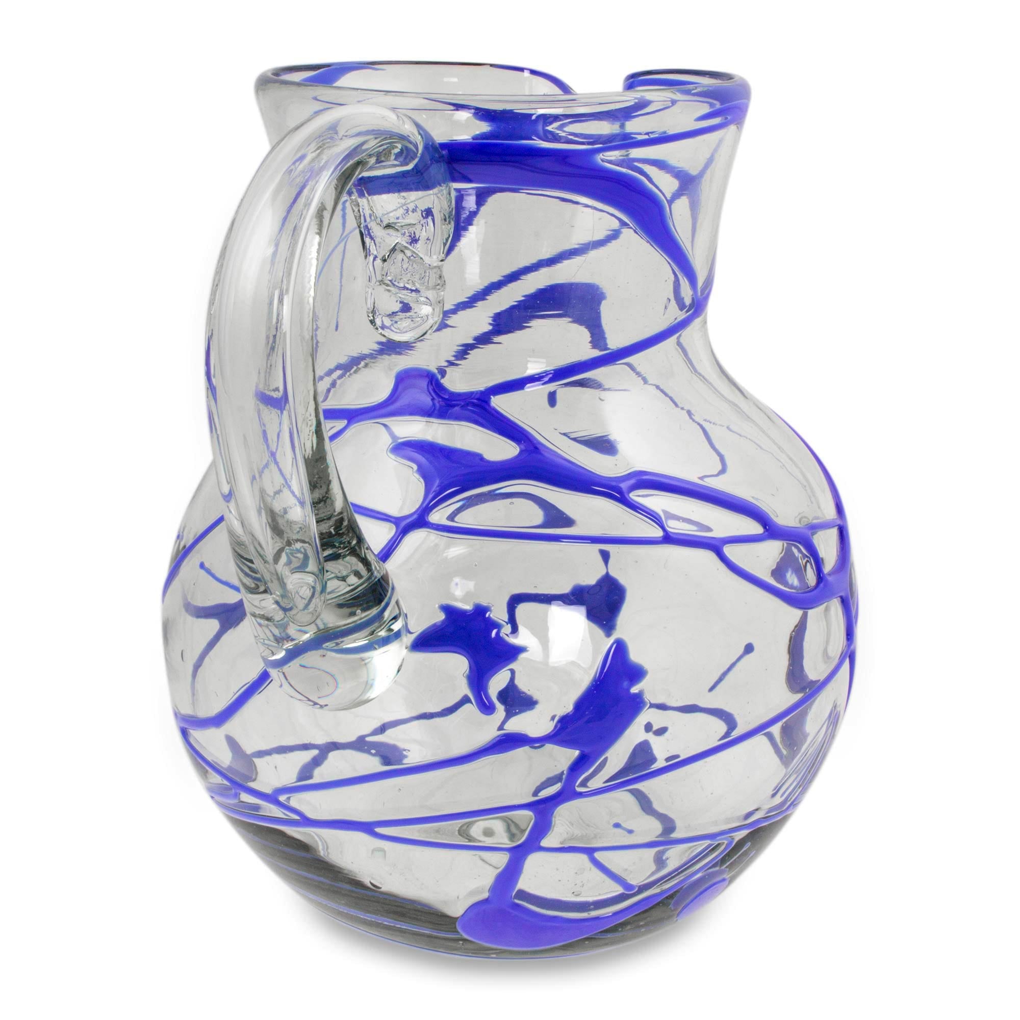 Premium Sapphire Swirl Hand-Blown Glass Pitcher - 84 oz Eco-Friendly Artisan Craft