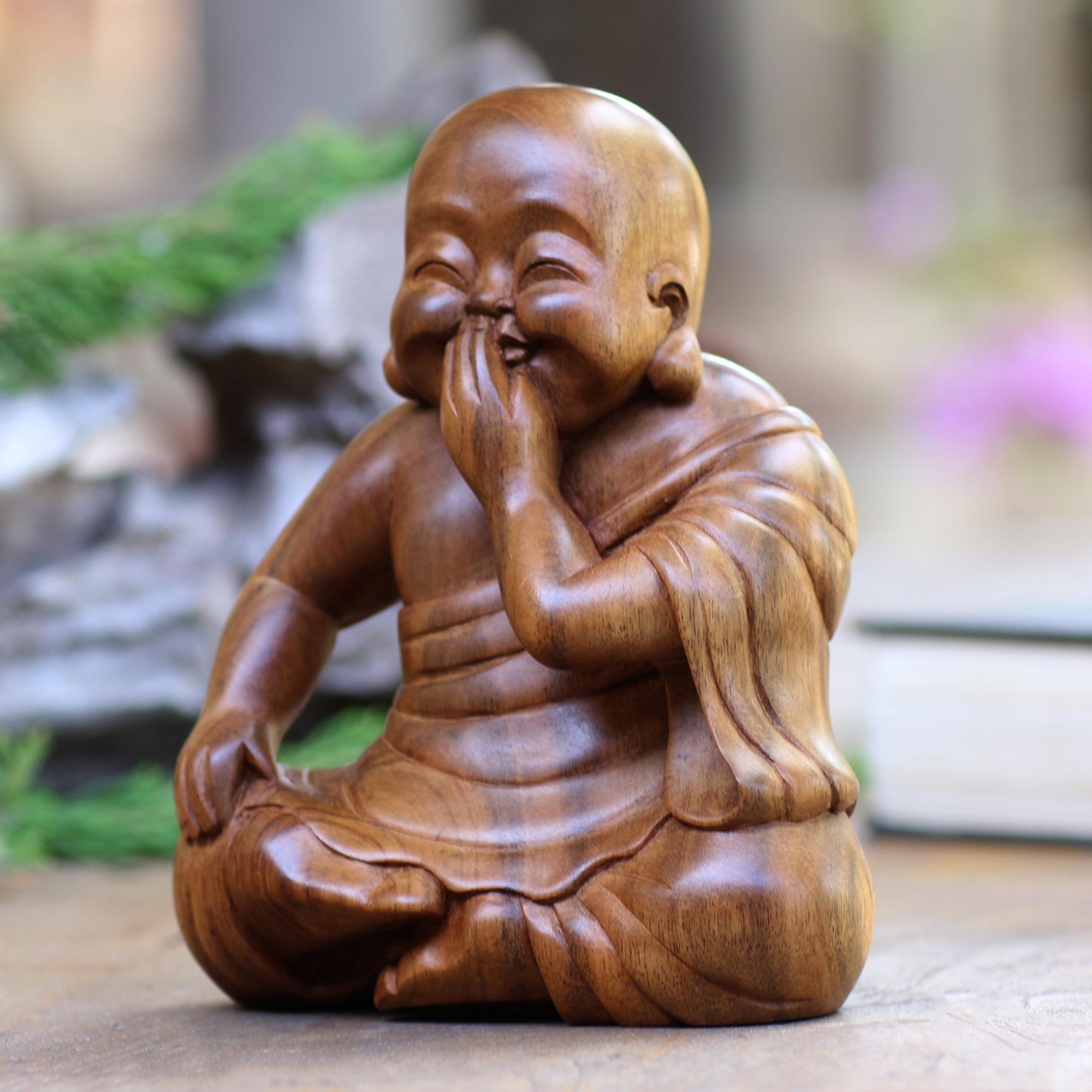 Premium Handcrafted Laughing Buddha Statue - Serene Suar Wood Sculpture