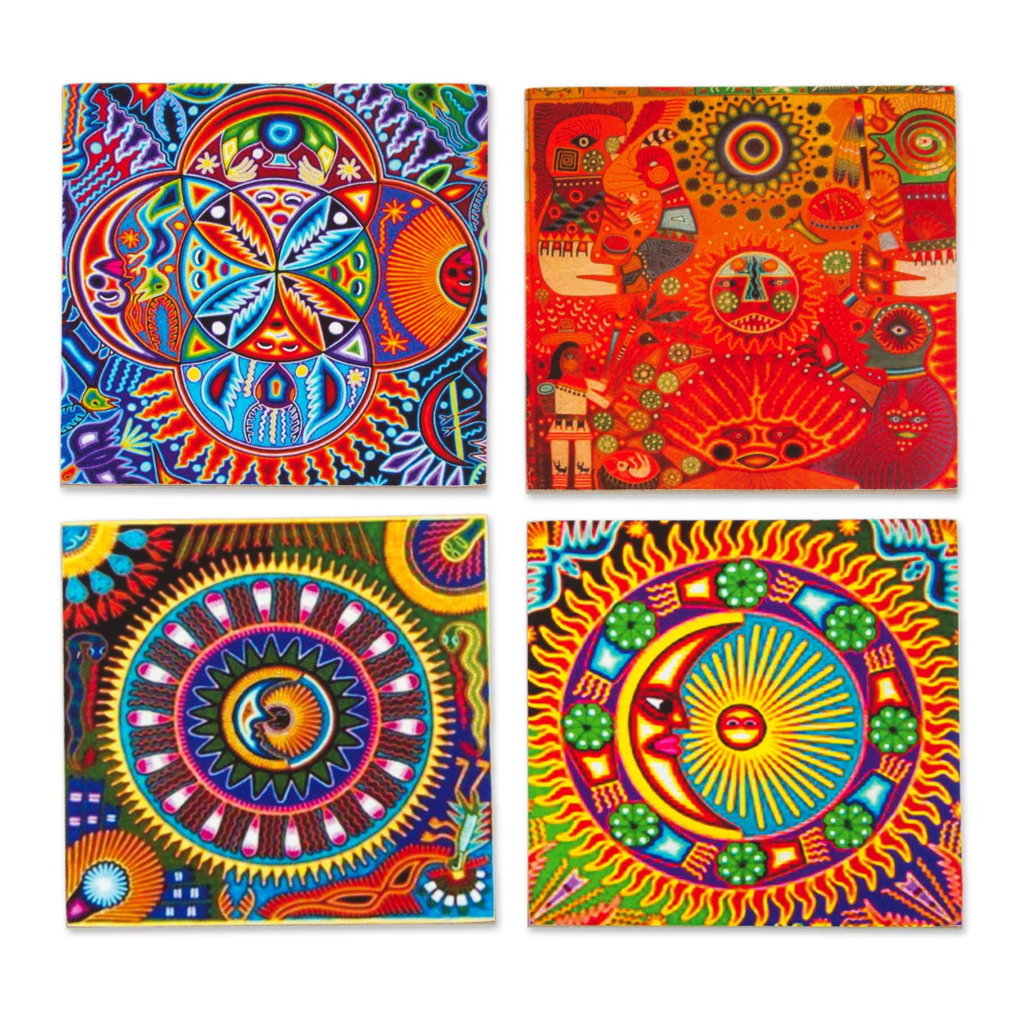Premium Huichol Sun & Moon Coaster Set – Handcrafted Mexican Pinewood Decor