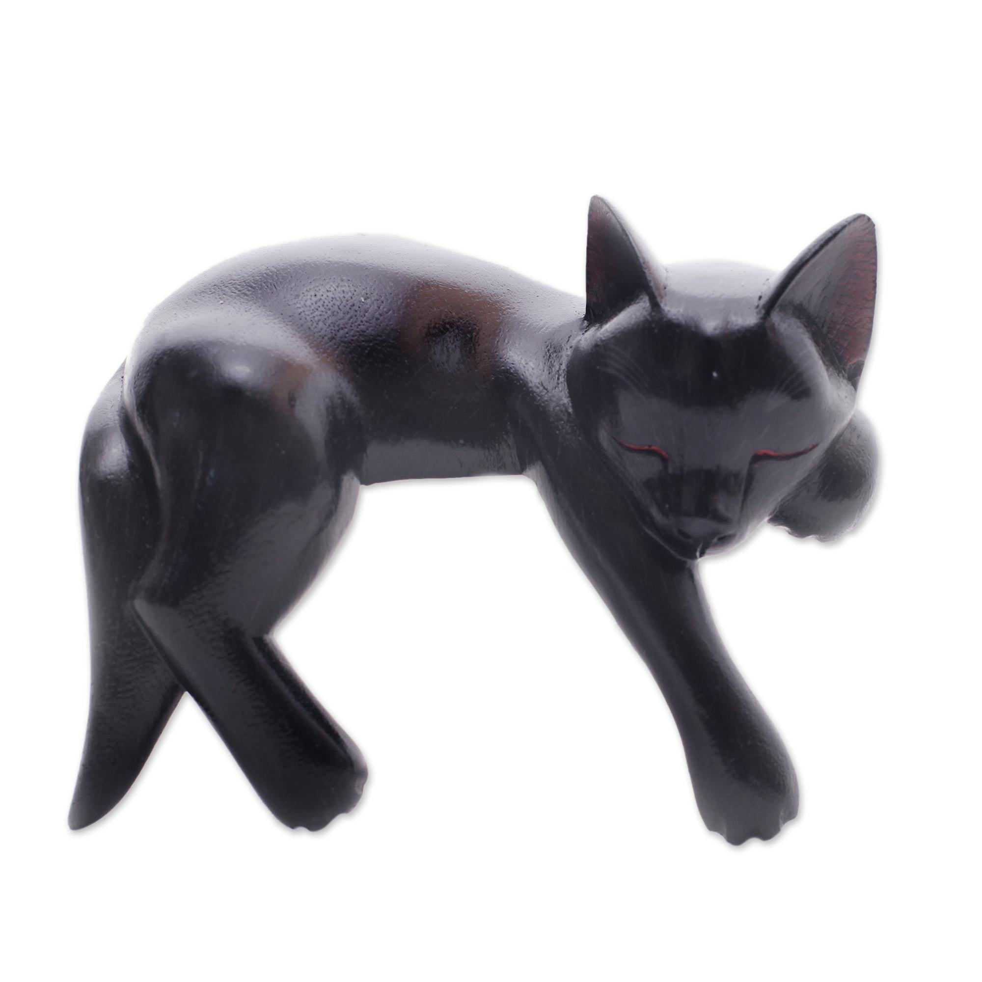 Premium Hand-Carved Black Cat Sculpture - Signed Balinese Art Piece