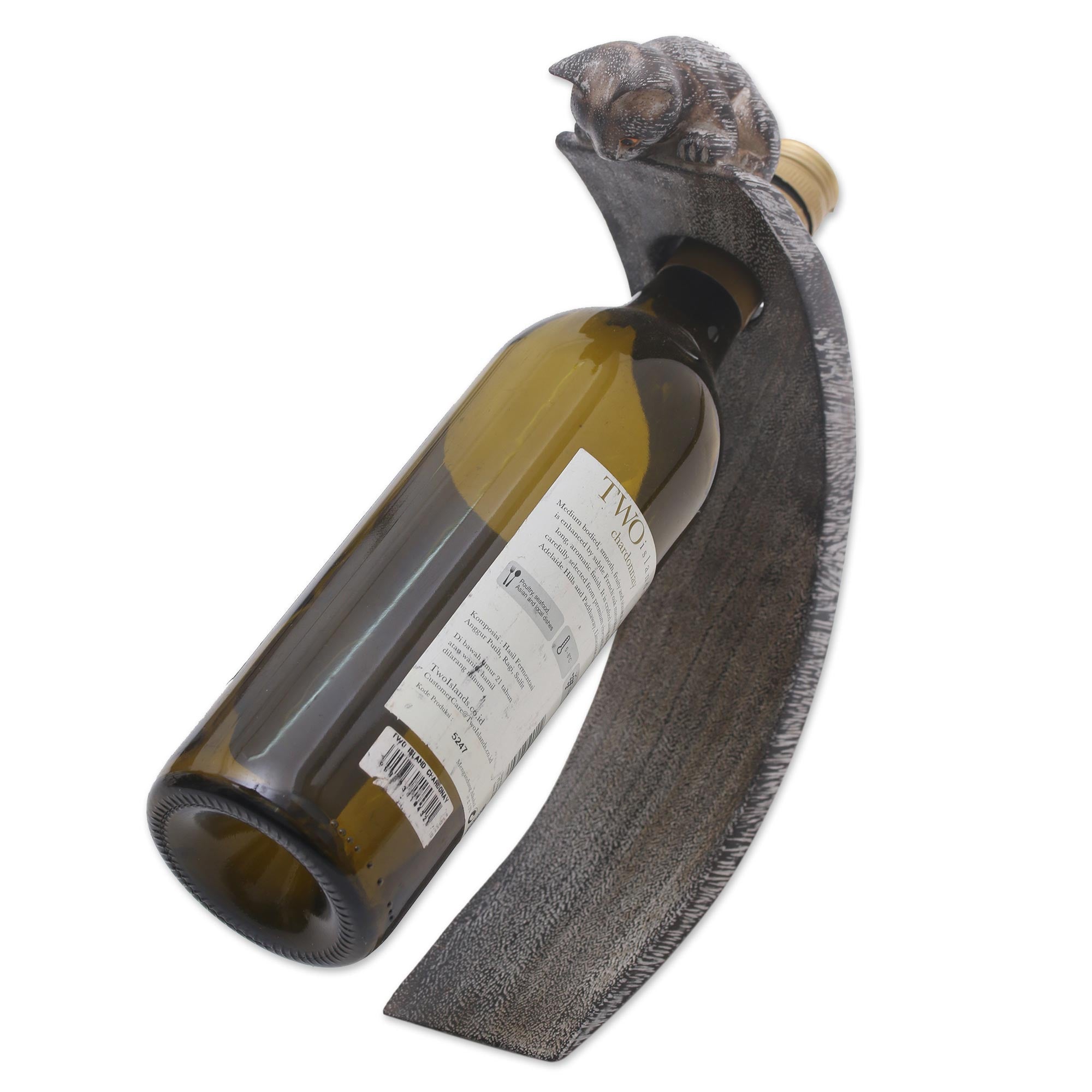 Premium Handcrafted Suar Wood Cat Bottle Holder - Black & White Peeking Kitten Design