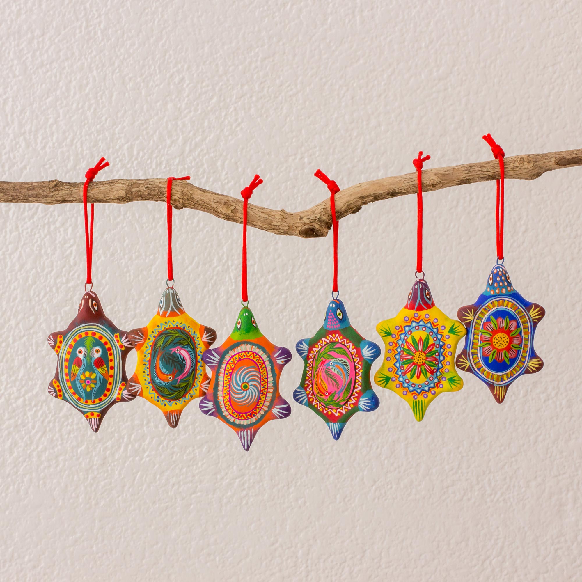Premium Handcrafted Guatemalan Ceramic Turtle Ornaments - Tropical Turtles Set of 6