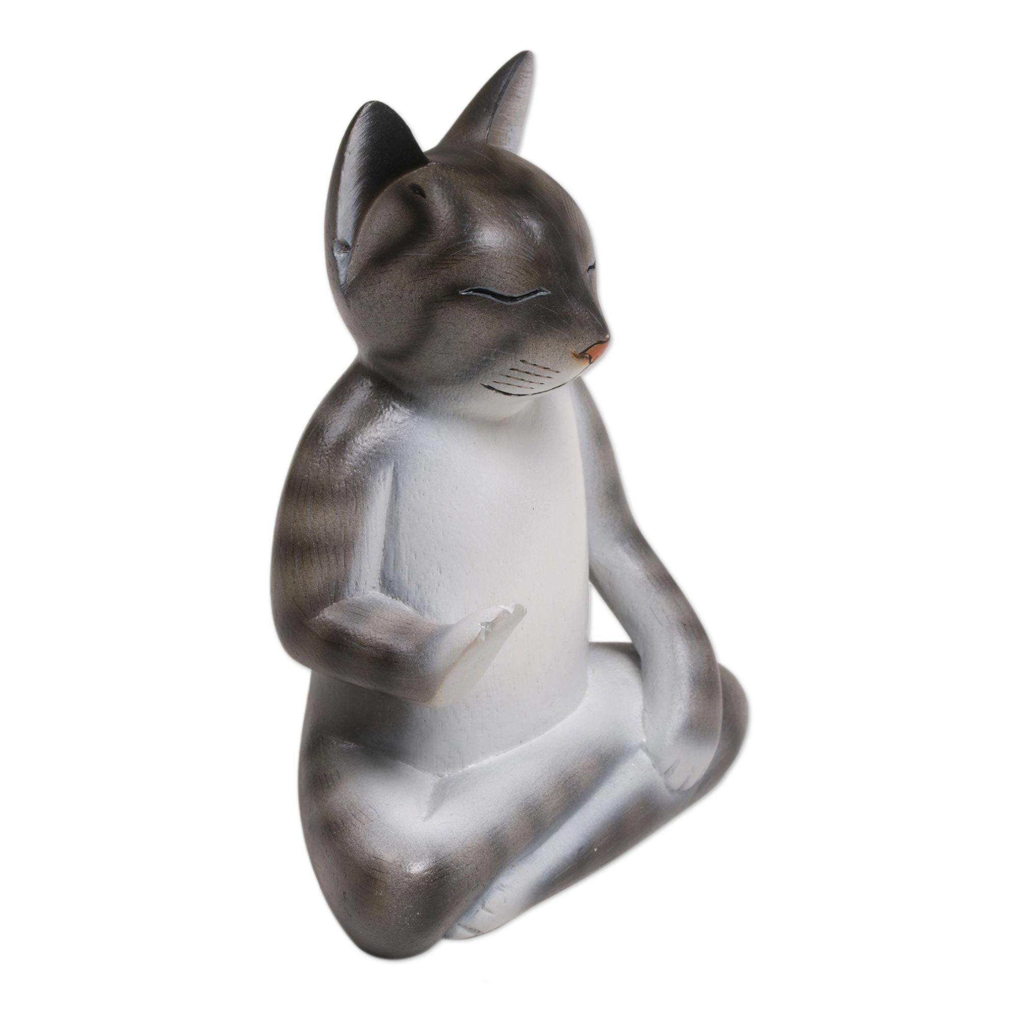 Premium Nirvana Kitty Meditation Sculpture - Handcrafted Grey & White Cat from Bali