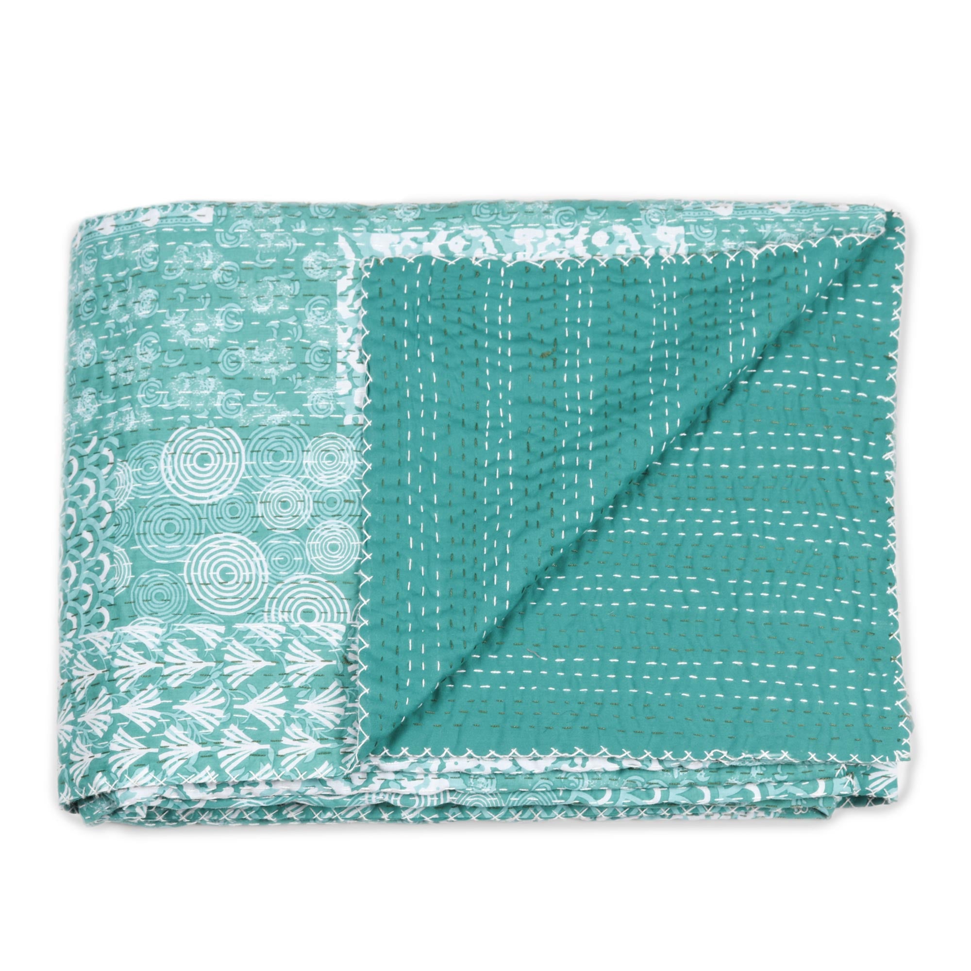 Premium Turquoise Kantha Cotton Bedspread Set with Seaglass Accents (3-Piece)