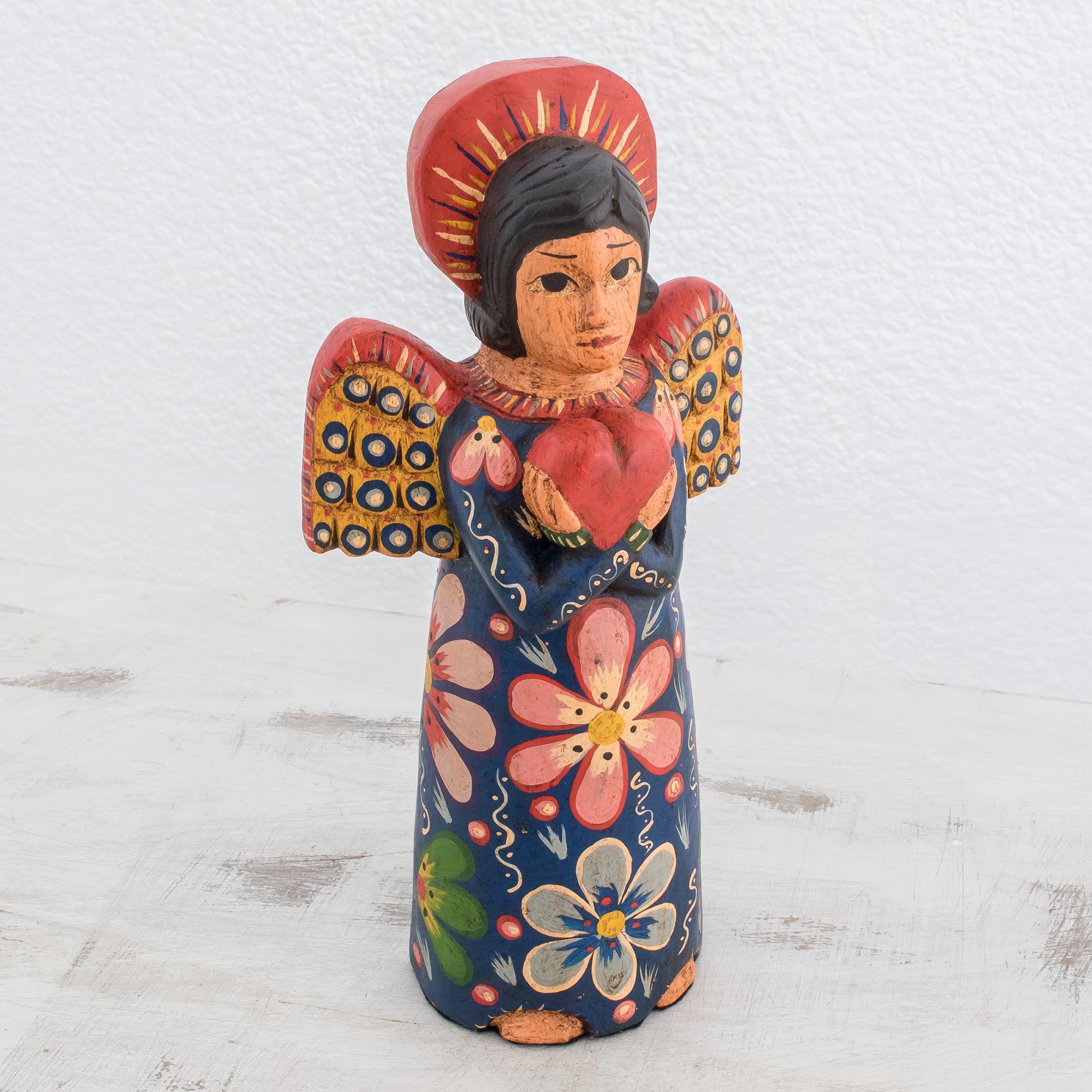 Premium Hand-Carved Angel Love Statuette - Rustic Pinewood Art from Guatemala