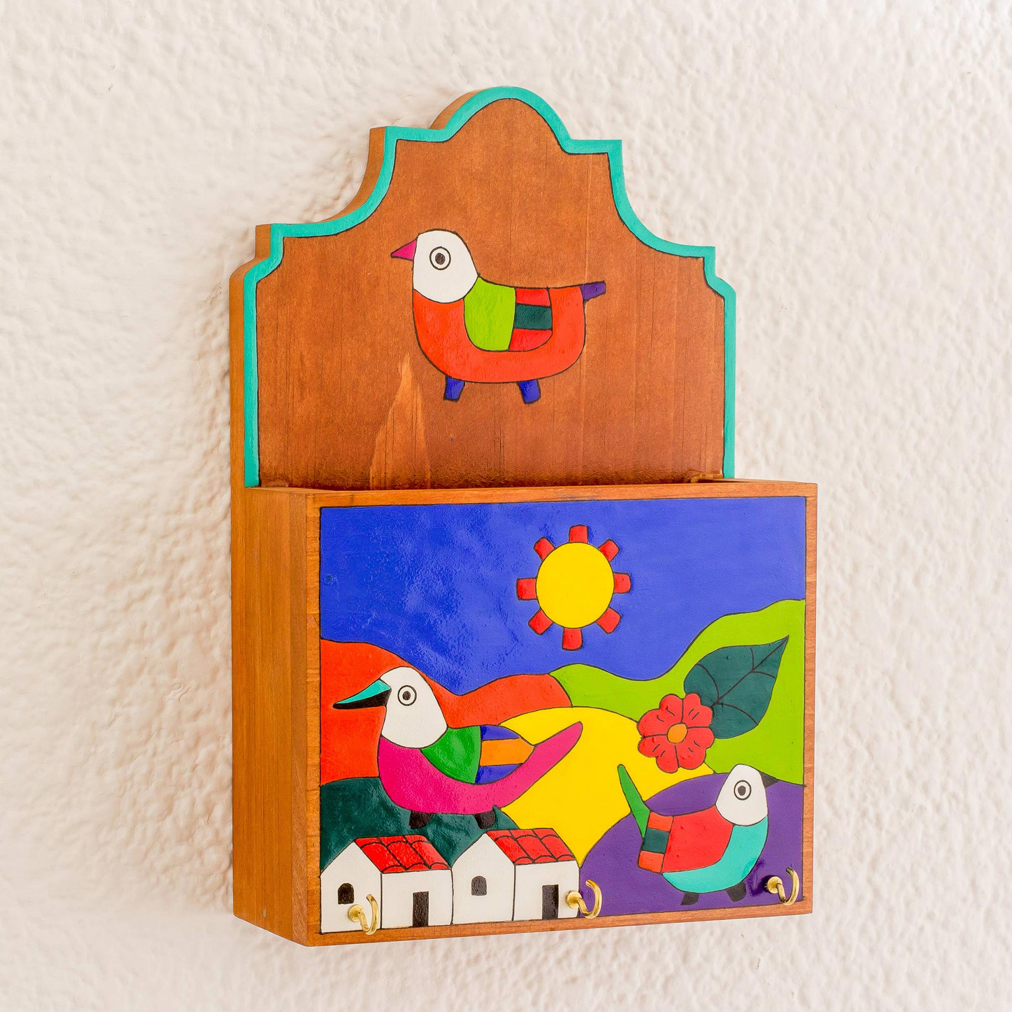 Premium Handcrafted Pinewood Letter & Key Holder with Colorful Birds Design