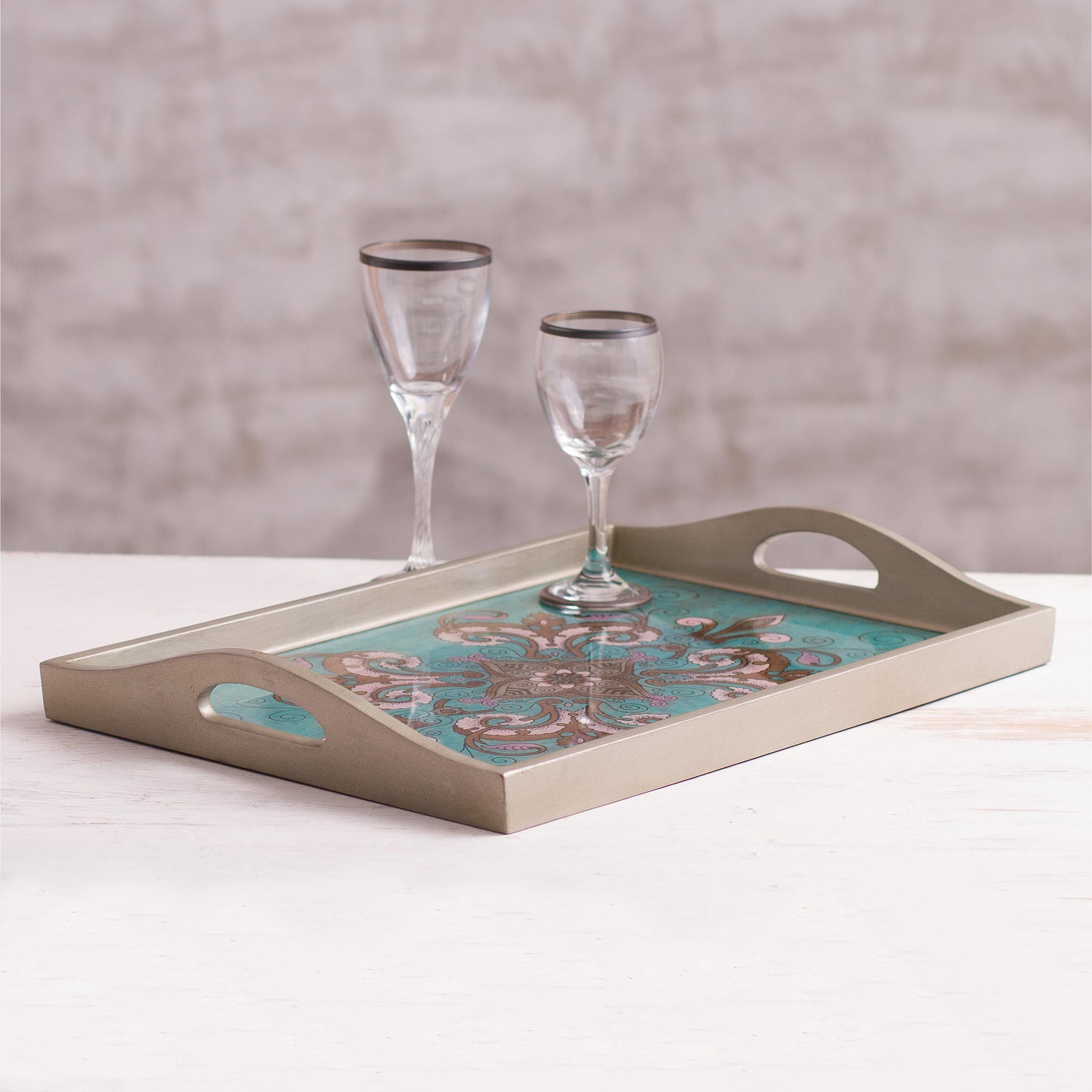 Premium Teal Floral Reverse-Painted Glass Tray – Handcrafted in Peru