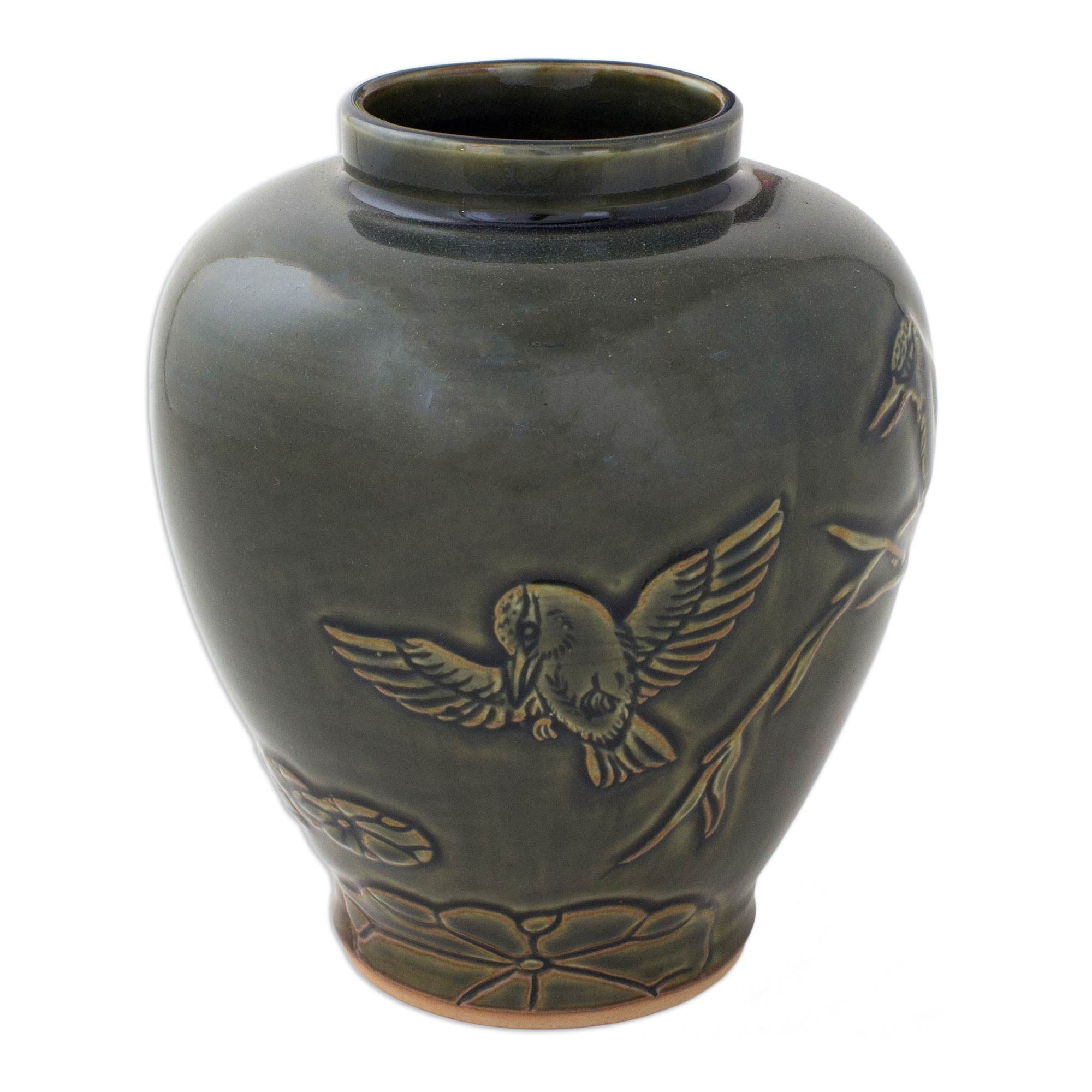 Premium Handcrafted Green Ceramic Vase with Hummingbird & Bamboo Design