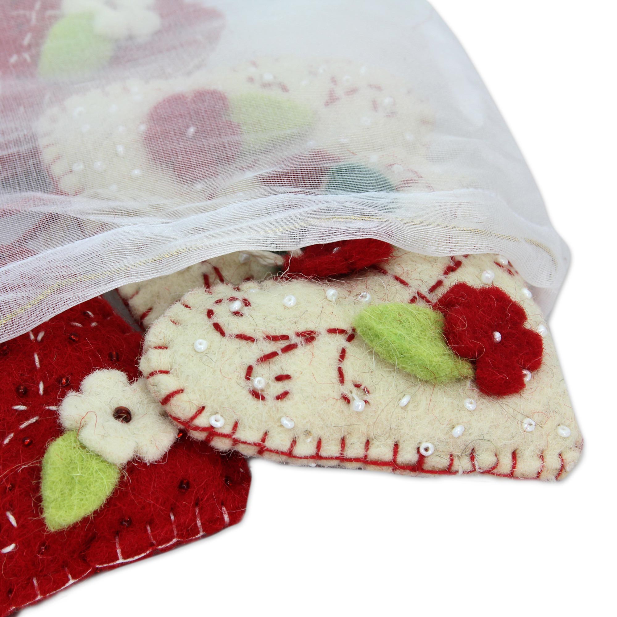 Premium Handcrafted Felt Heart Ornaments - Red & Ivory Set of 4