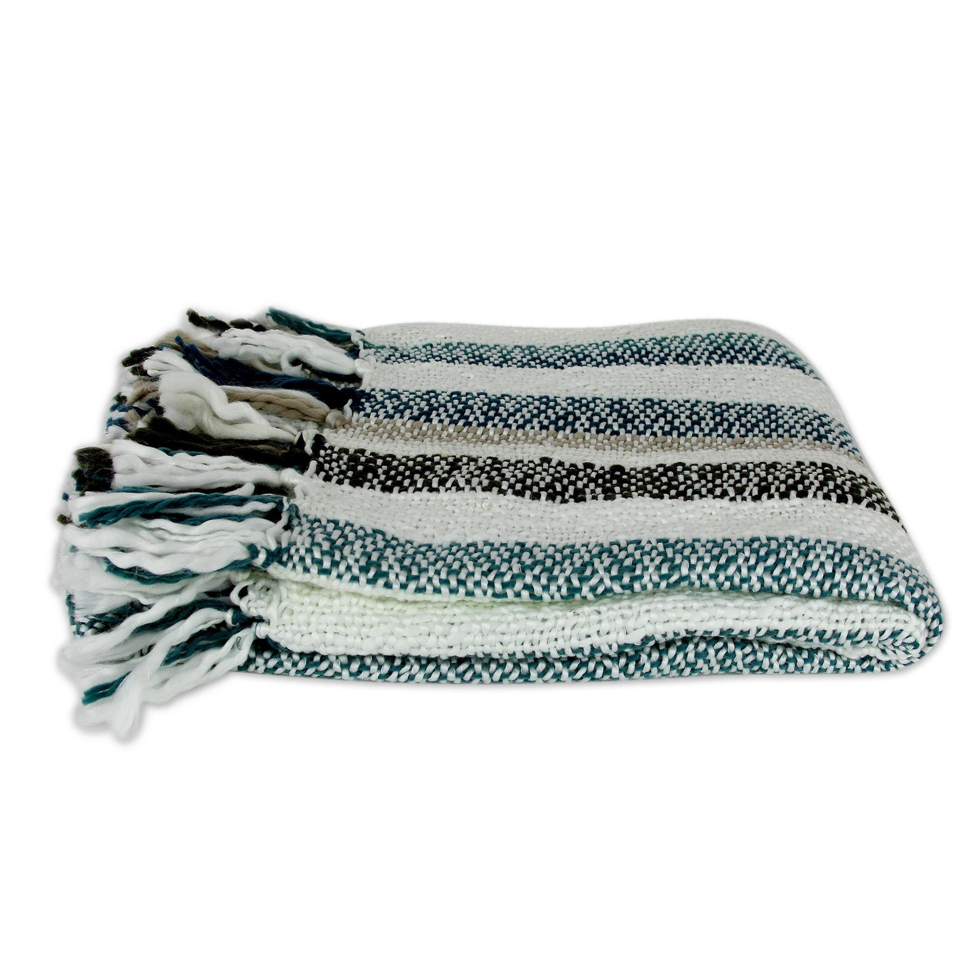 Premium Handcrafted Teal & Beige Tassel Throw Blanket