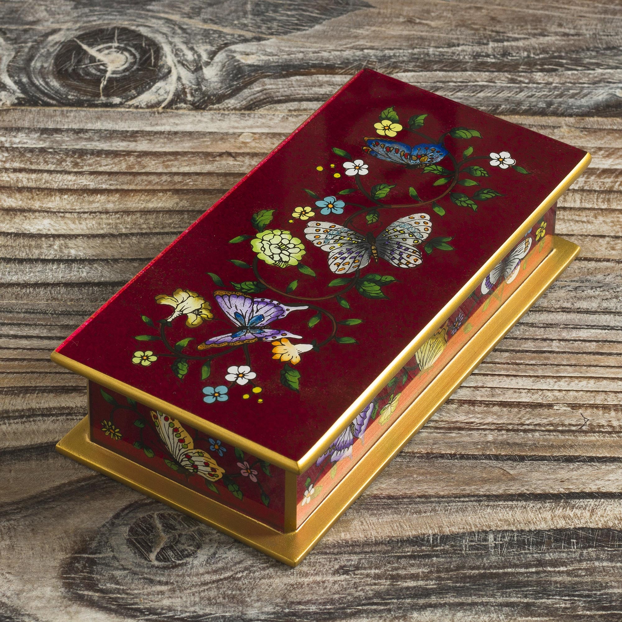 Premium Burgundy Reverse-Painted Glass Decorative Box with Butterflies