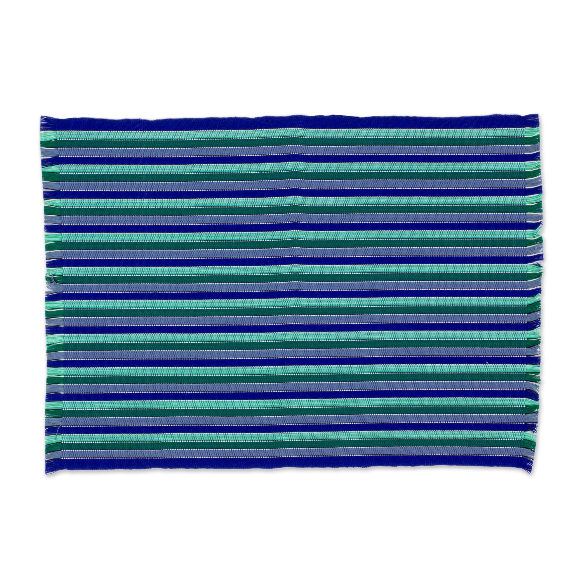 Premium Blue & Seafoam Striped Cotton Placemats Set of 6 - Handwoven in Guatemala