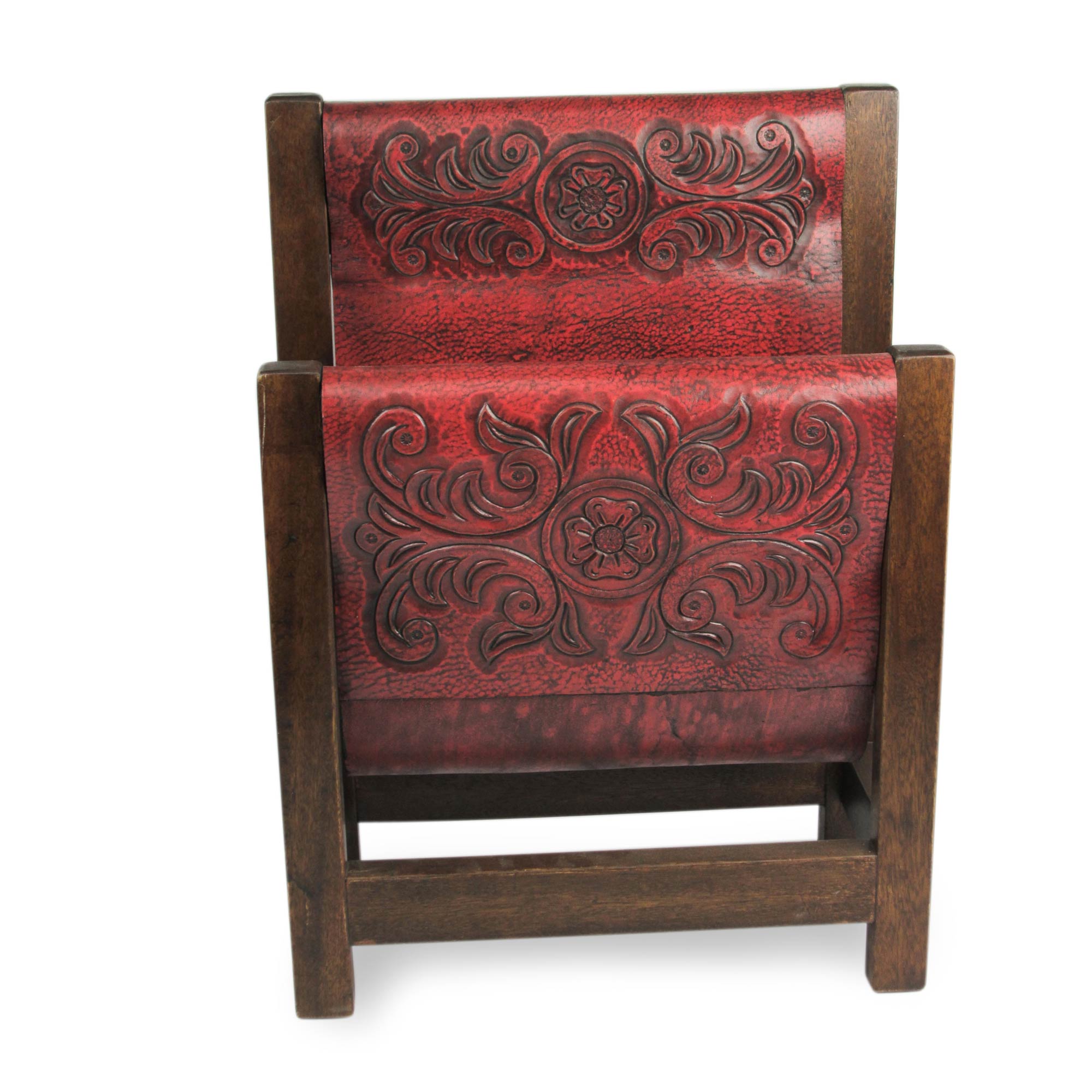 Premium Handcrafted Red Leather & Cedar Wood Magazine Rack - Historic Elegance