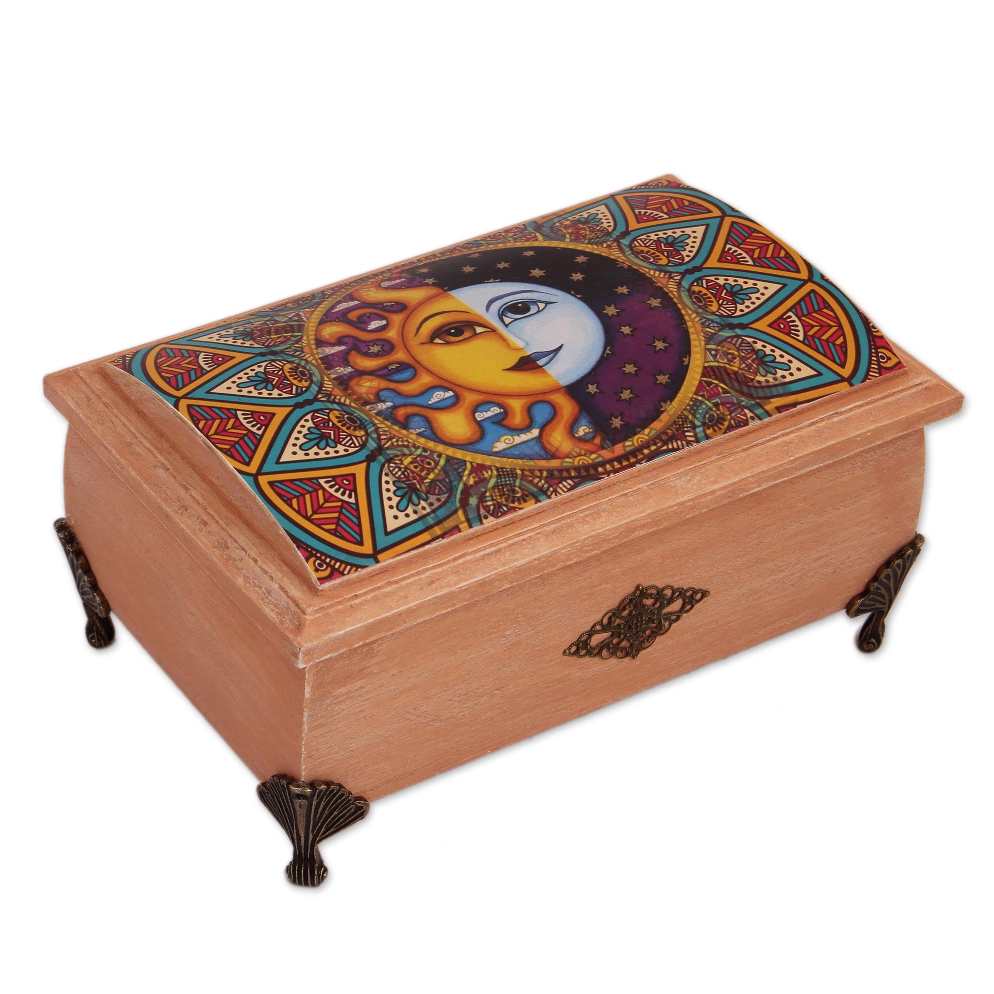 Premium Handcrafted Sun & Moon Decoupage Wood Box – Mexican Artisan Design