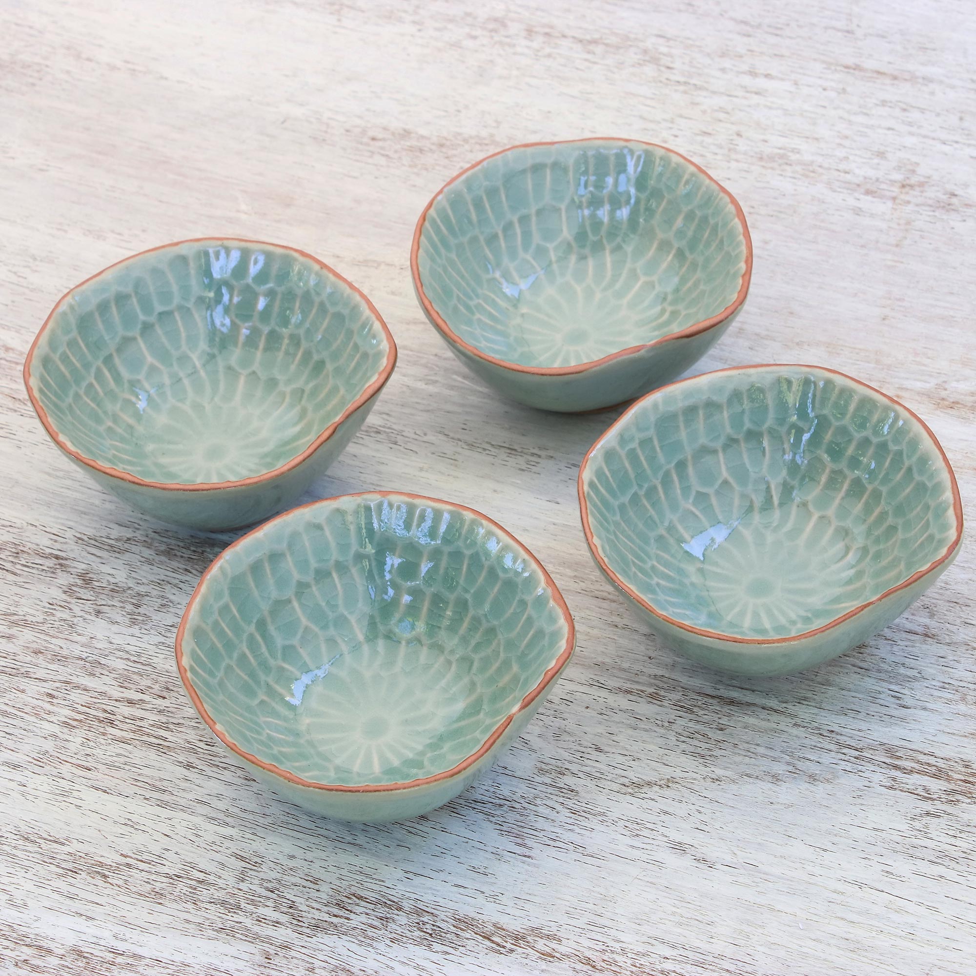 Premium Sunflower Dream Celadon Ceramic Appetizer Bowls Set of 4 - Handcrafted in Thailand