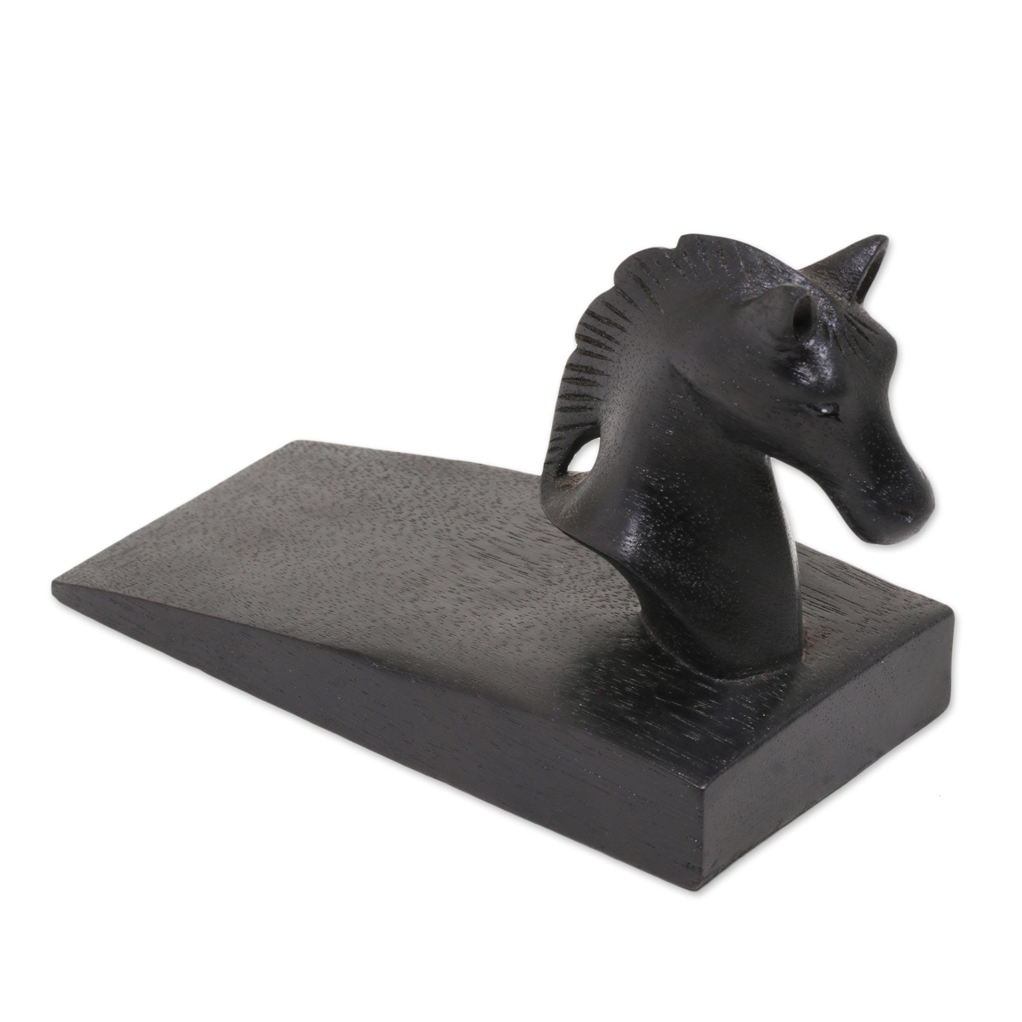 Premium Black Suar Wood Horse Door Stopper - Handcrafted in Bali
