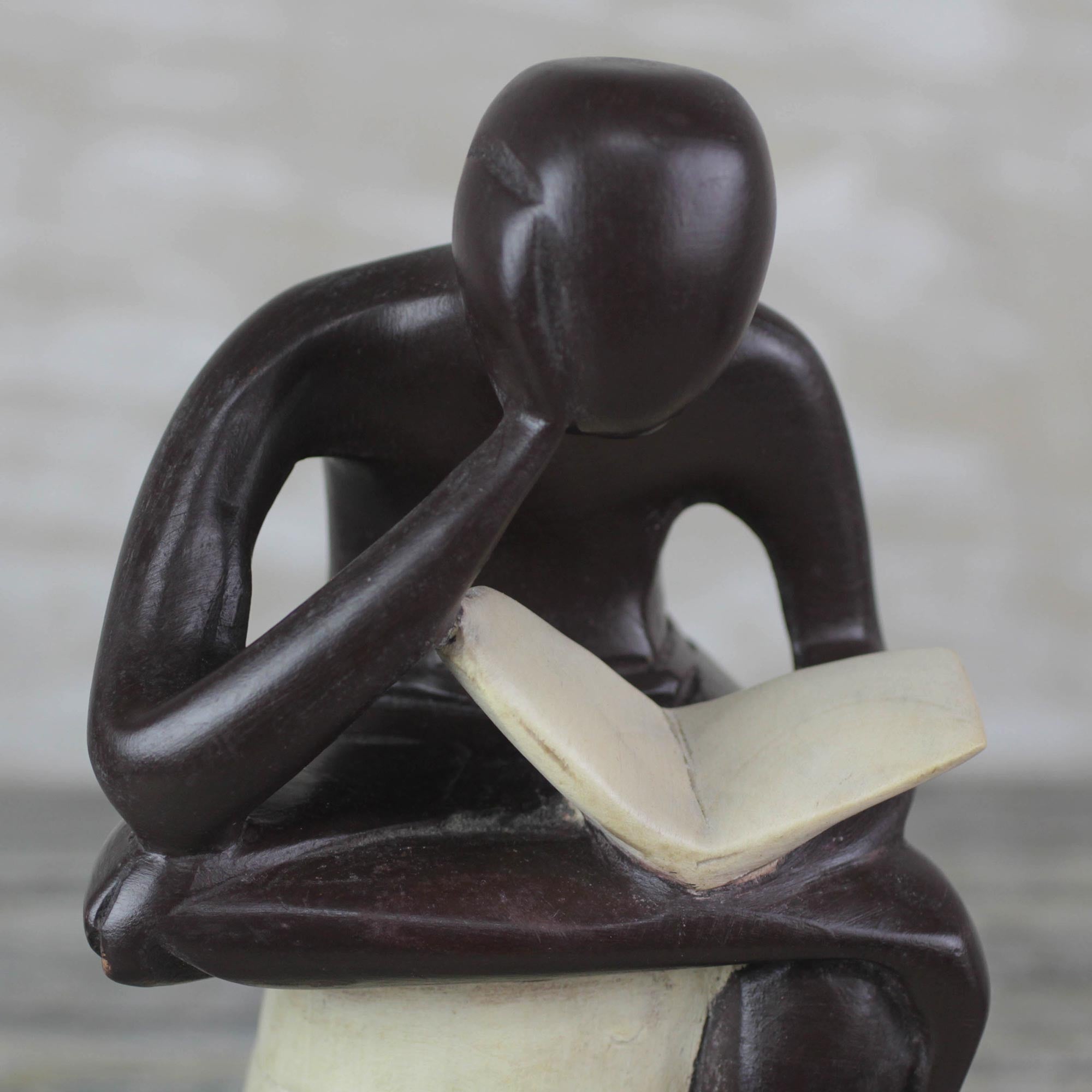 Premium Thoughtful Reader Sculpture: Handcrafted Sese Wood Art from Ghana