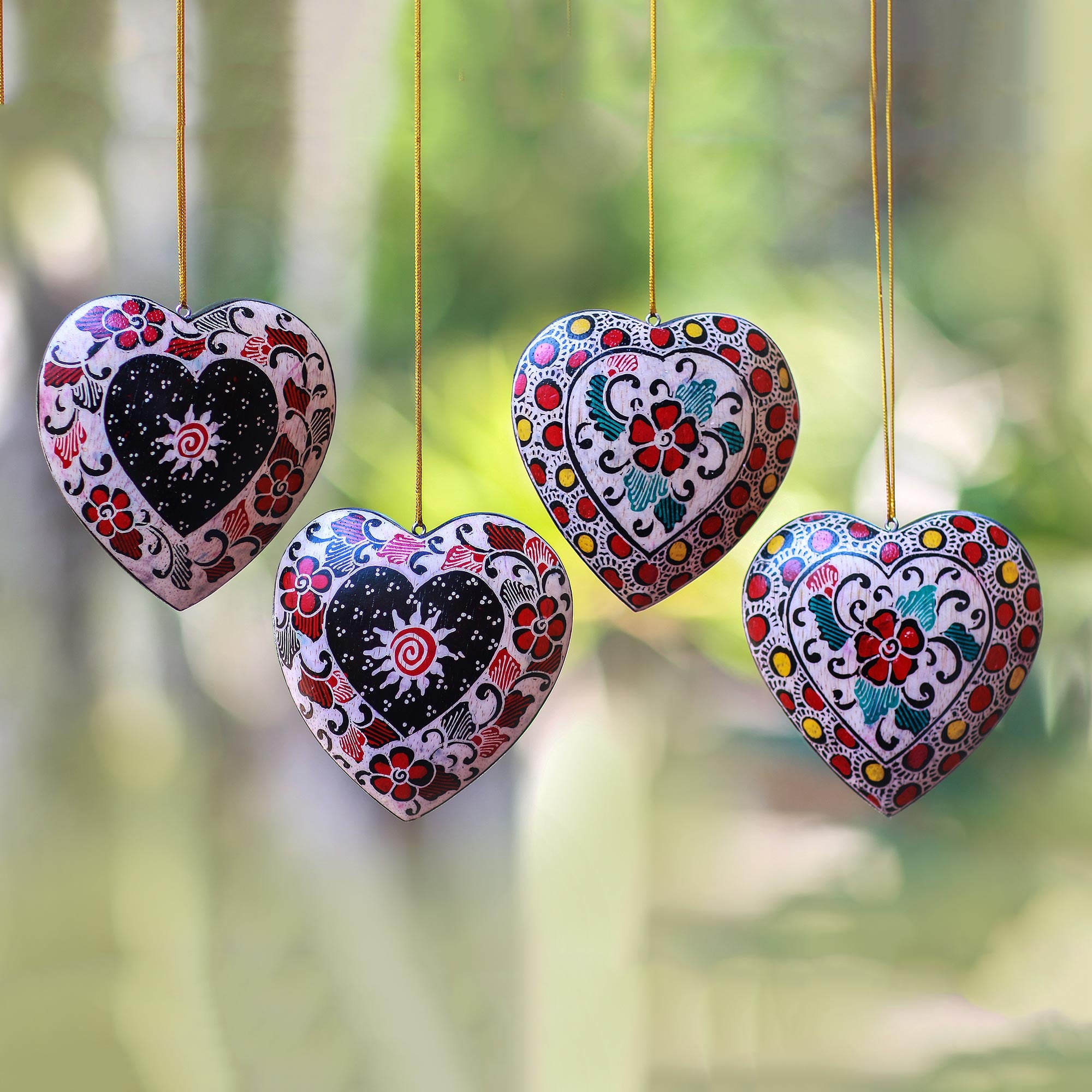 Premium Handcrafted Heart Ornaments: Floral Batik Wood Set of 4 from Java