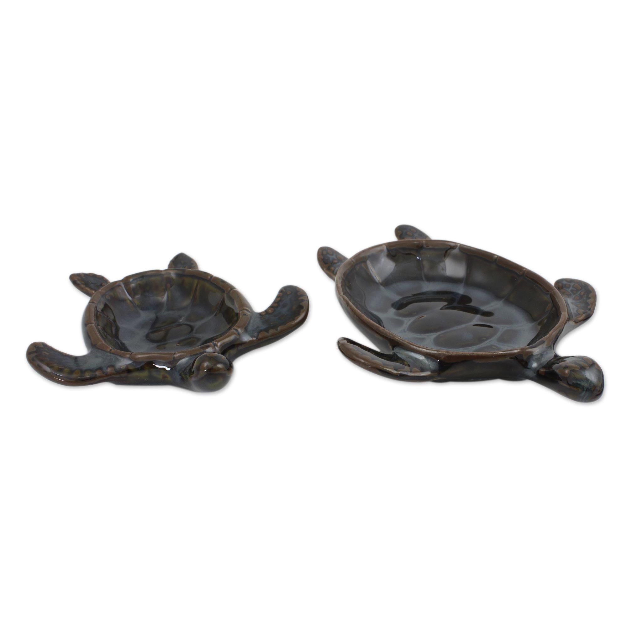Premium Handcrafted Thai Ceramic Turtle Bowls - Indigo Blue & Brown Glaze (Set of 2)