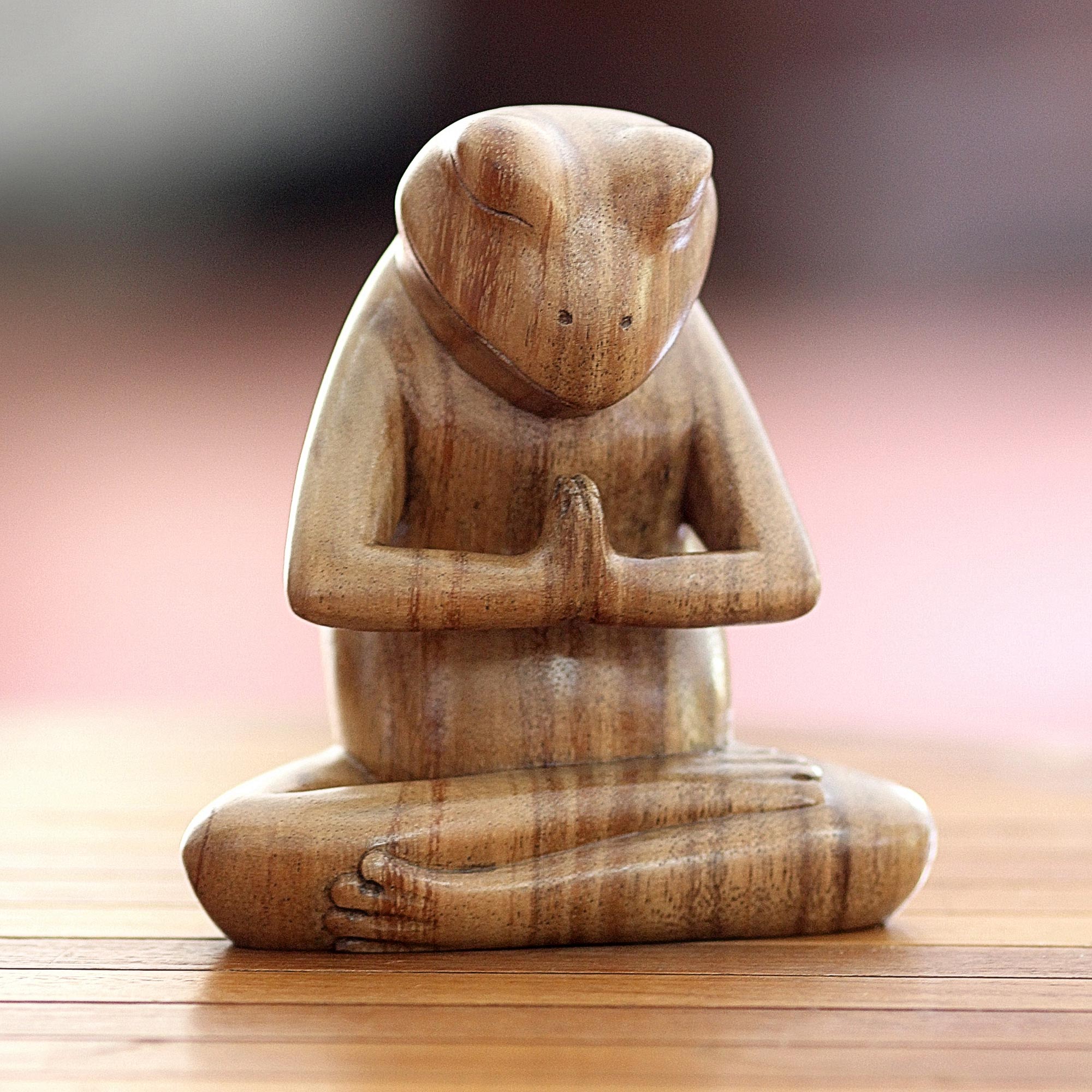 Premium Yoga Frog Sculpture - Handcrafted Suar Wood Art