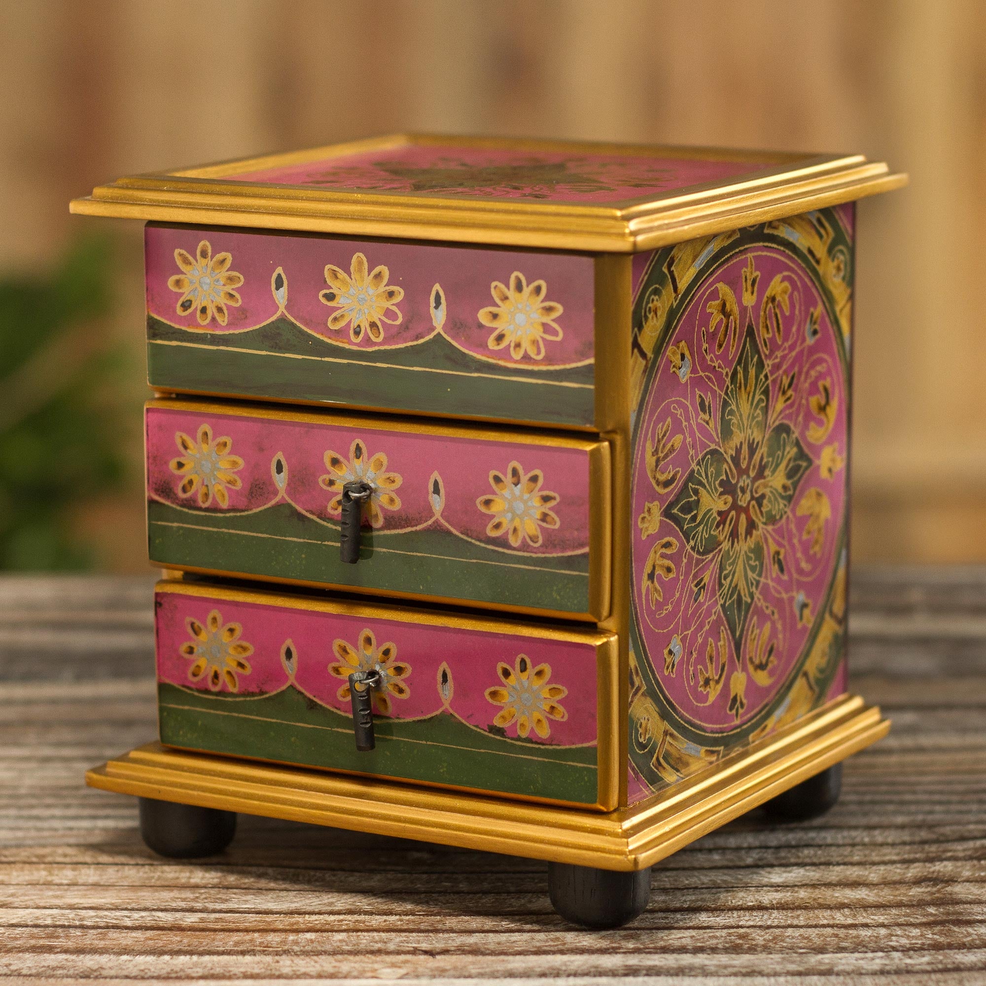 Premium Hand-Painted Floral Glass Jewelry Chest - Vintage Magenta Design