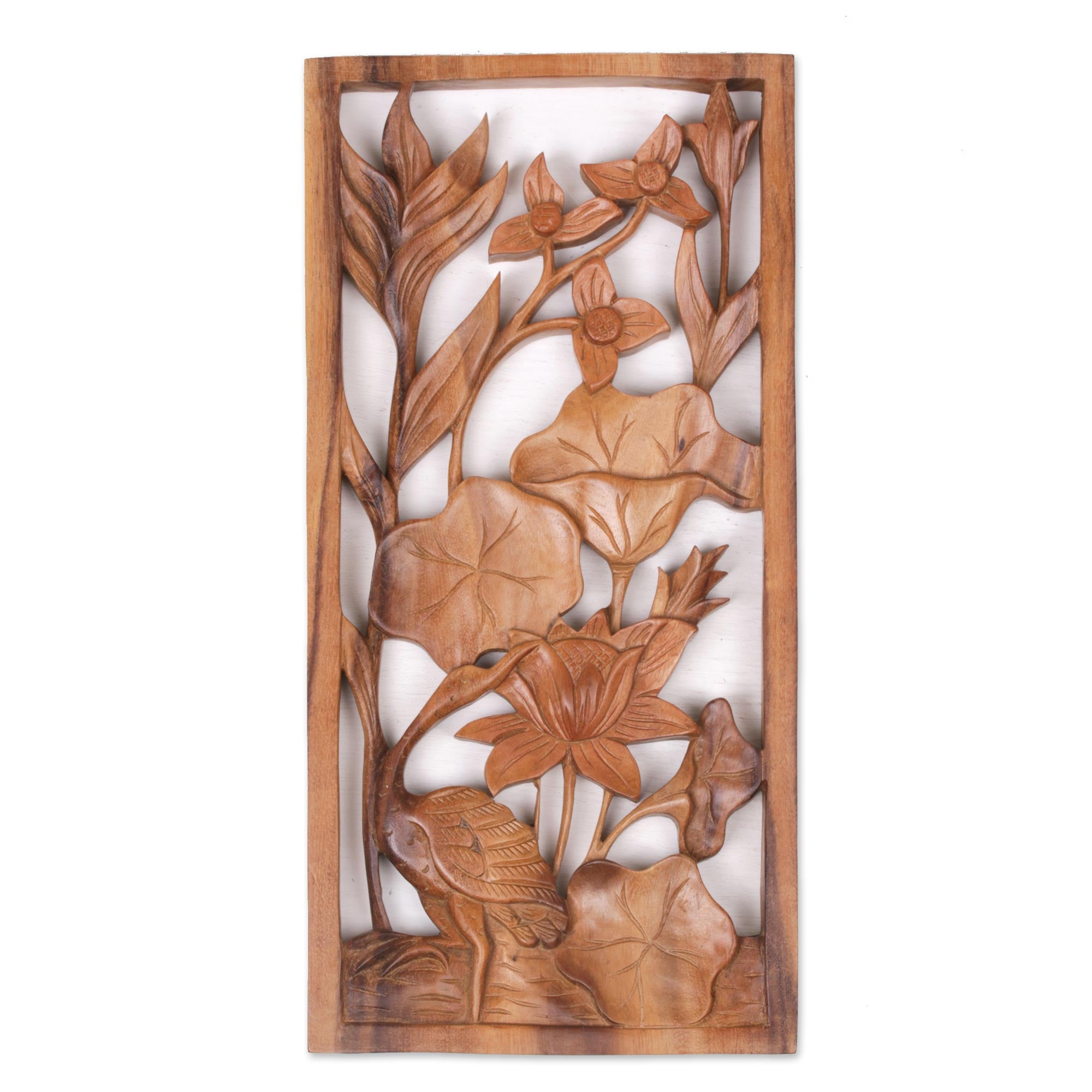 Premium Hand-Carved Heron & Lotus Wood Wall Art Panel