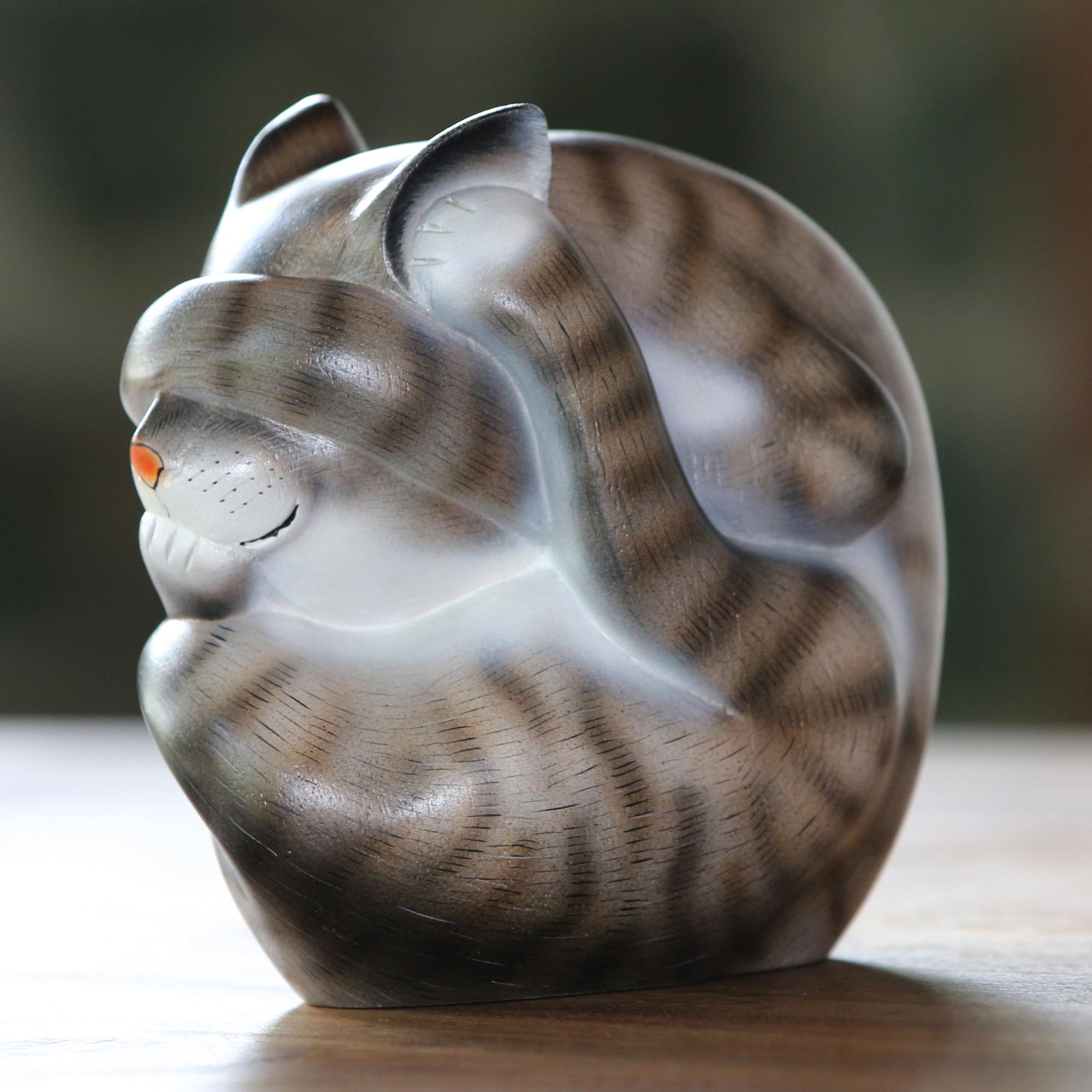Premium Hand-Carved Bali Cat Sculpture - Grey & White Suar Wood Art