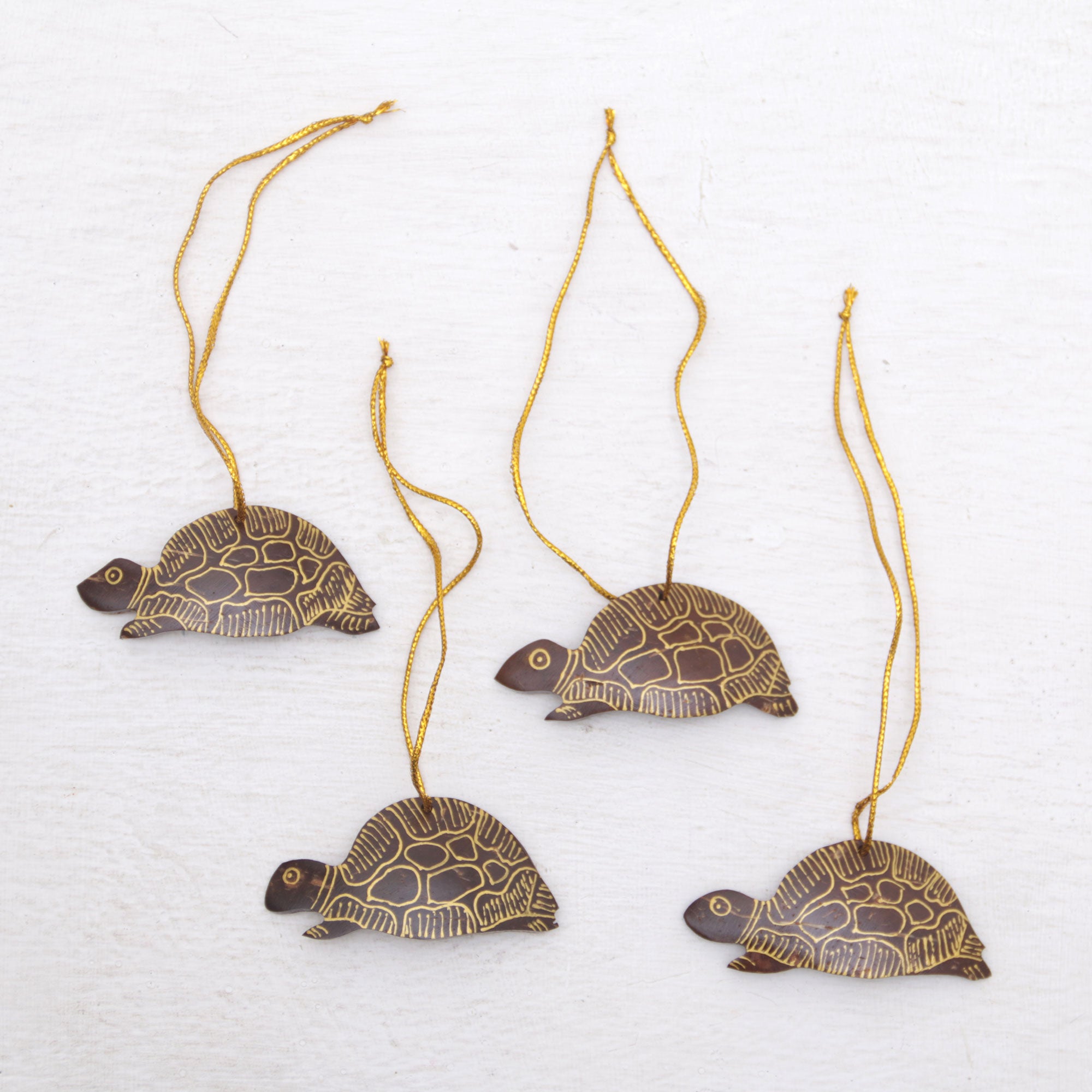 Premium Handmade Coconut Shell Turtle Ornaments – Set of 4