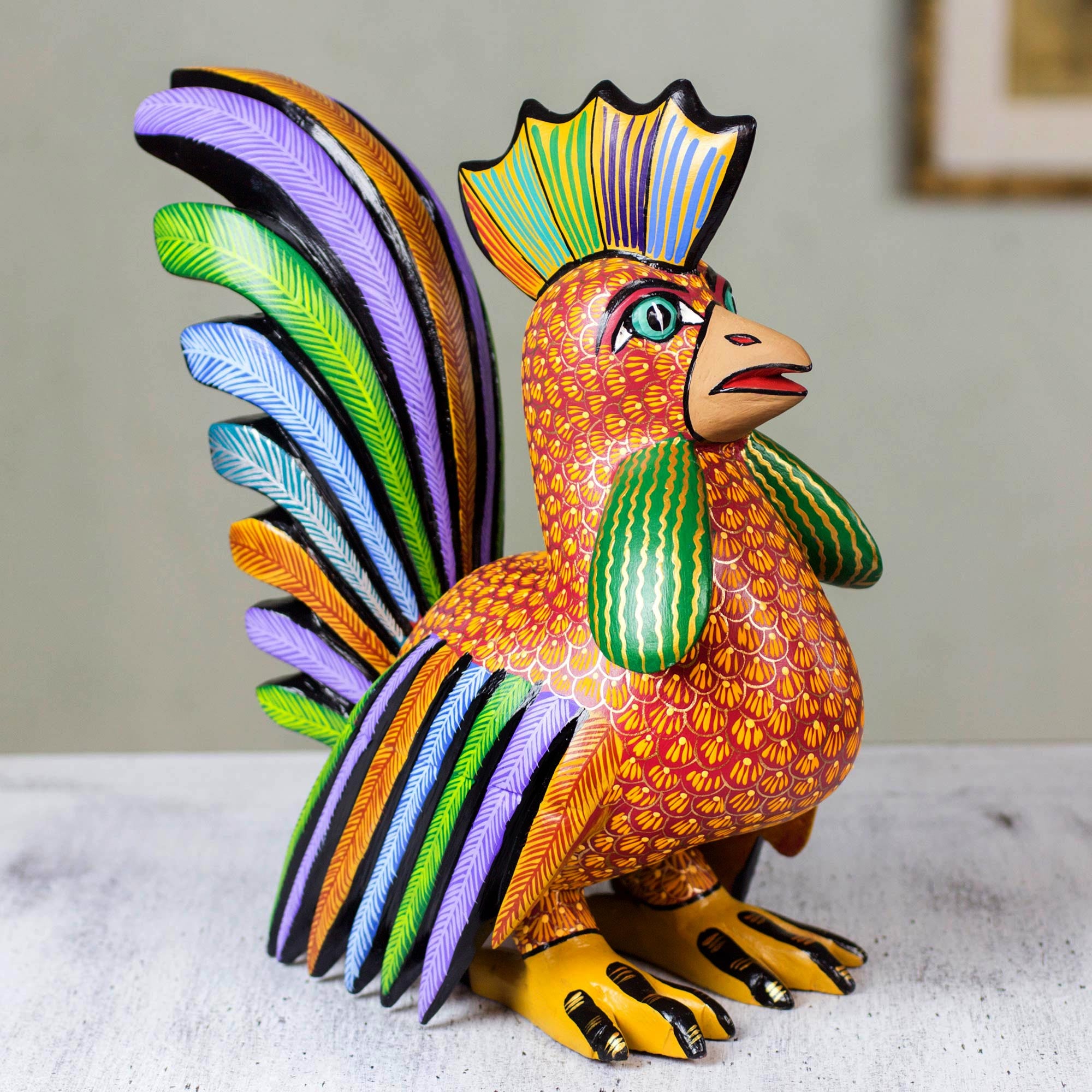 Premium Proud Rooster Alebrije Sculpture - Handcrafted Mexican Folk Art