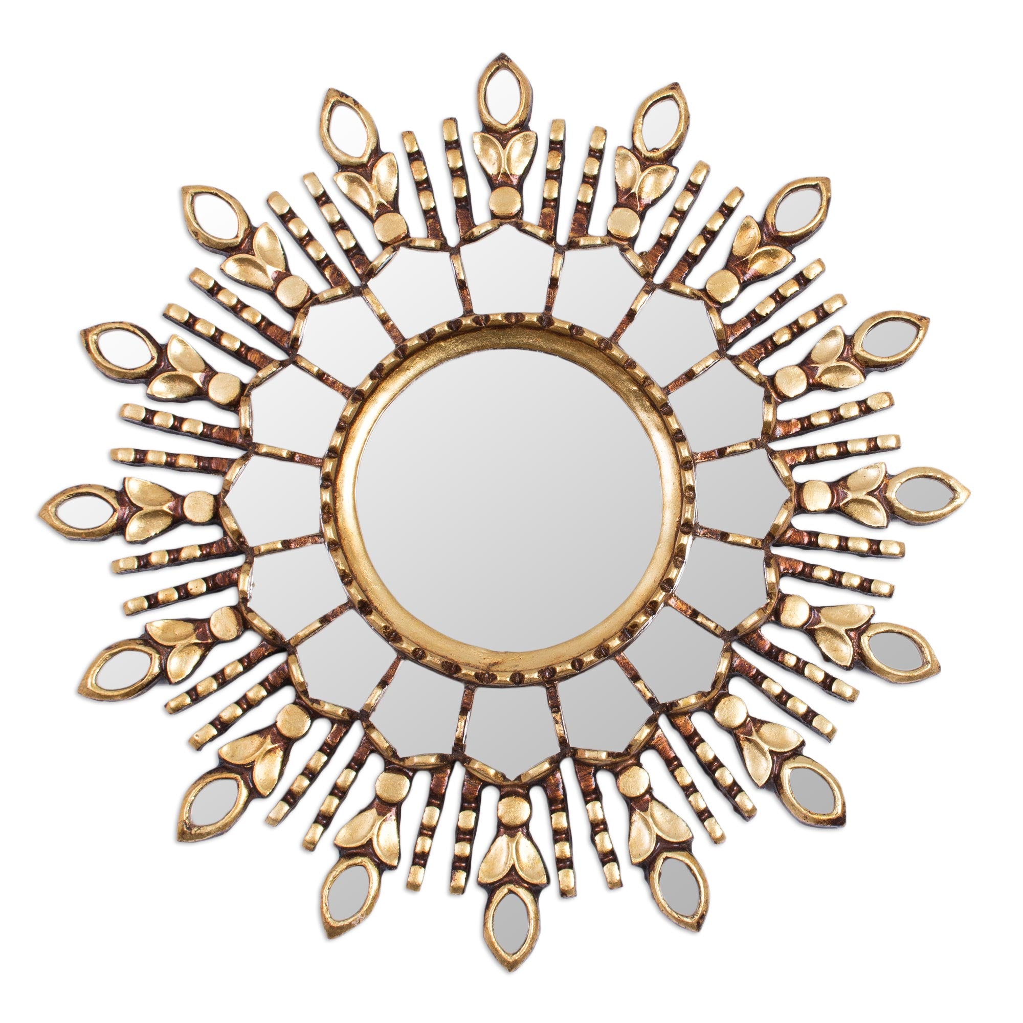 Premium Handcrafted Bronze Gilded Cedar Wood Wall Mirror – Radiant Sun Design from Peru