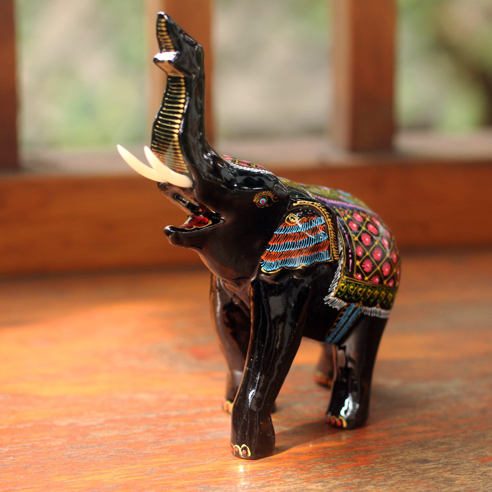 Premium Happy Elephant Rain Tree Wood Sculpture - Handcrafted in Thailand
