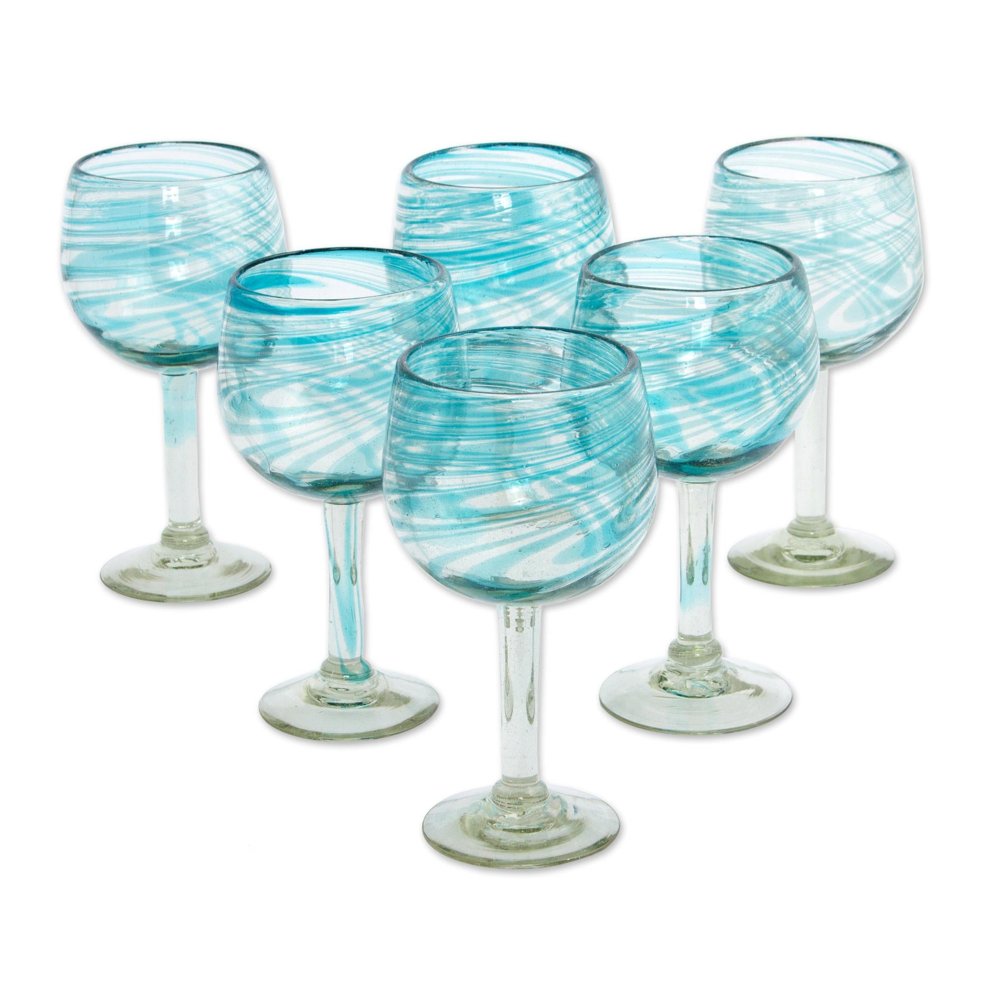 Premium Aqua Swirl Set of 6 Handcrafted Recycled Wine Glasses - Eco-Friendly Elegance from Mexico