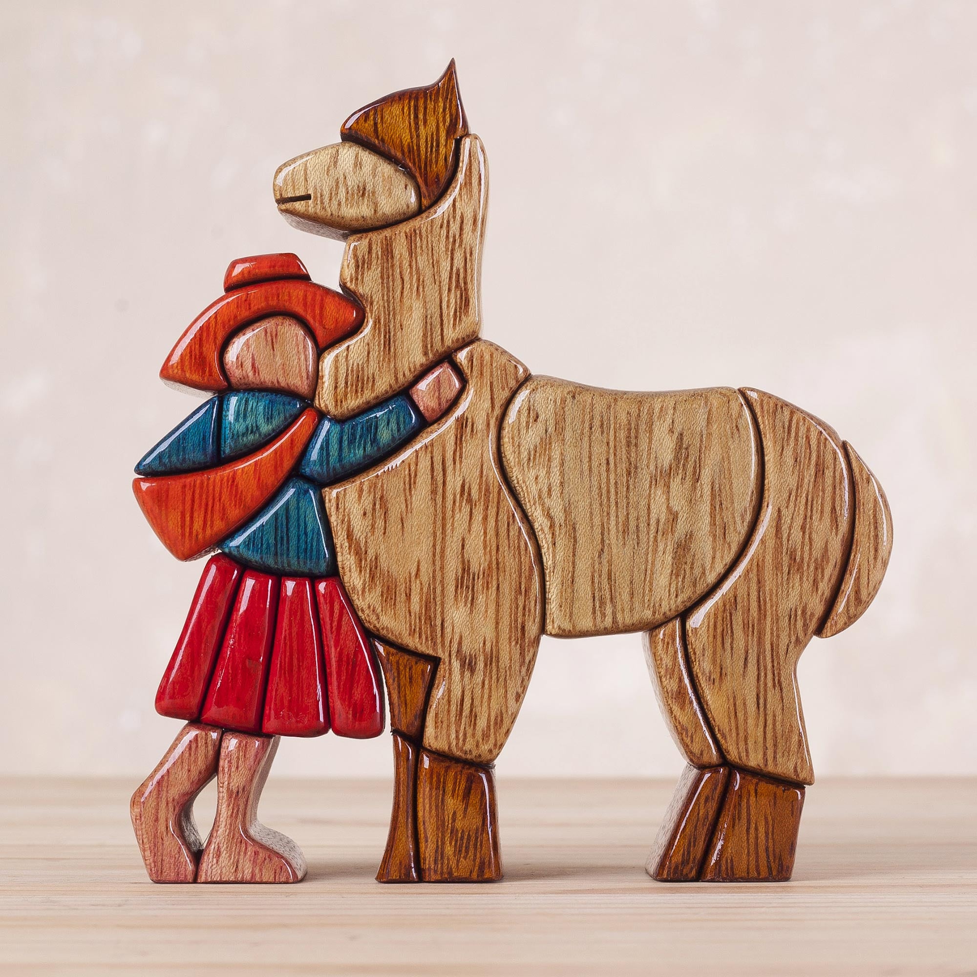 Premium Hand-Carved Llama & Girl Sculpture - Cedar & Mahogany Art Piece