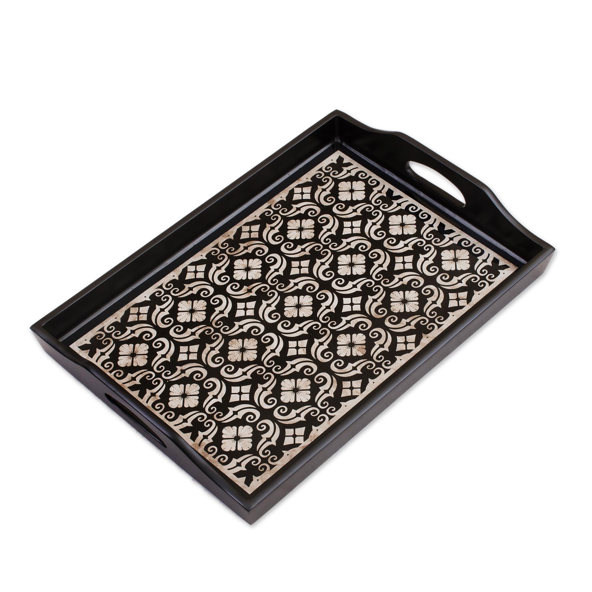 Premium Floral Muse Handmade Reverse Painted Glass Serving Tray - Black