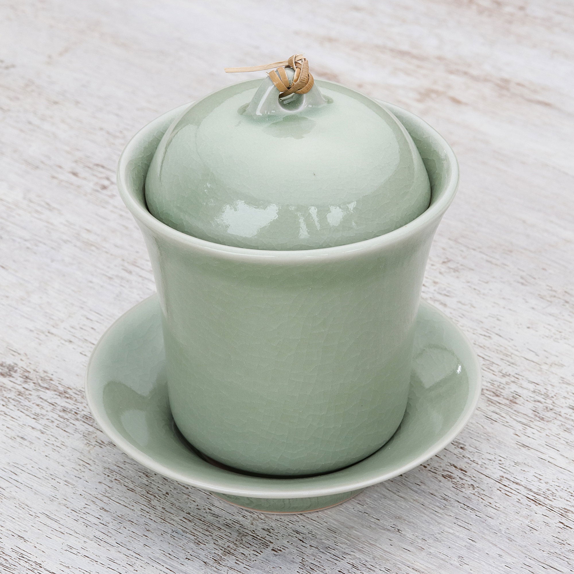 Premium Handcrafted Celadon Green Ceramic Soup Set with Lid & Saucer