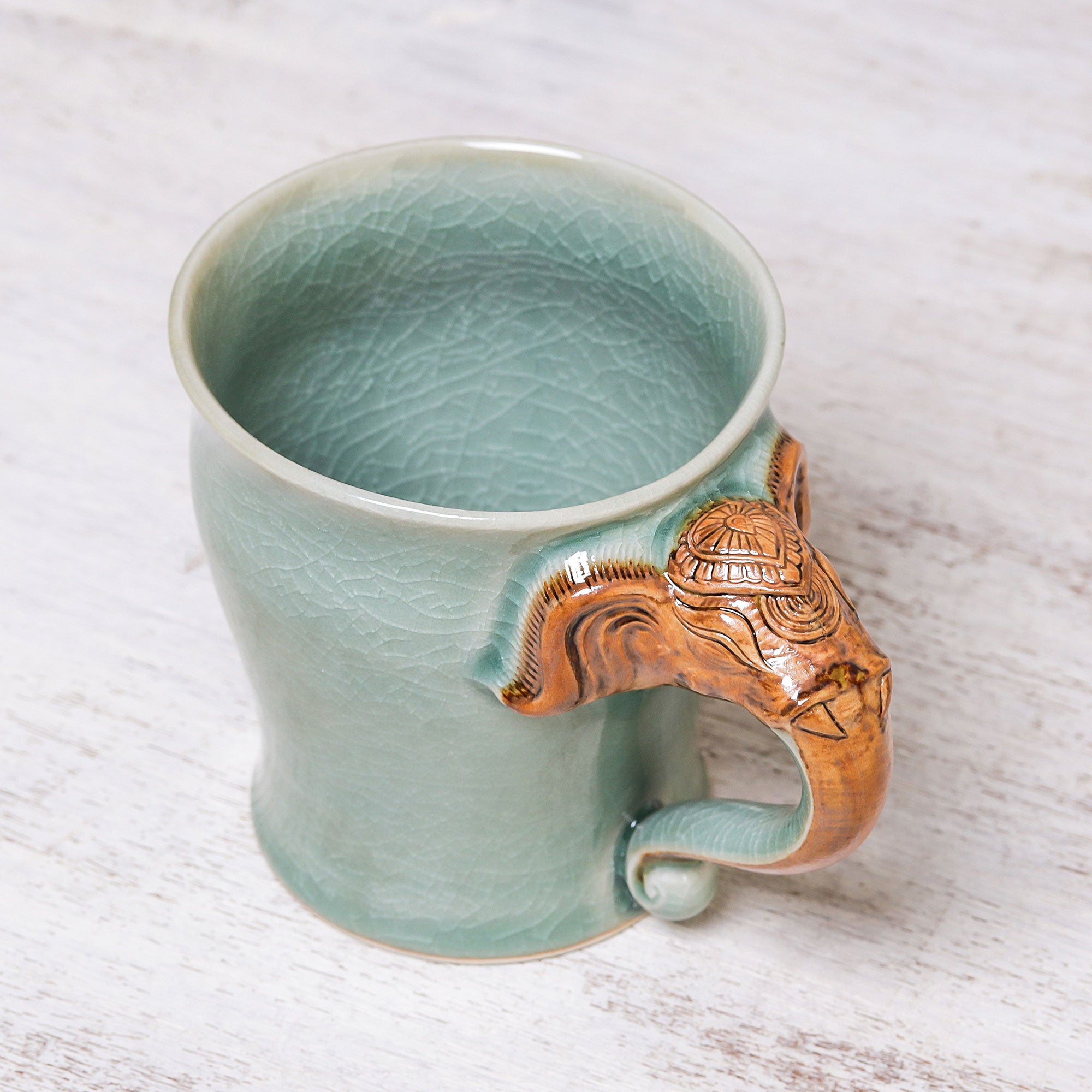 Premium Elephant Handle Ceramic Mug - Green Celadon, 10 oz.
