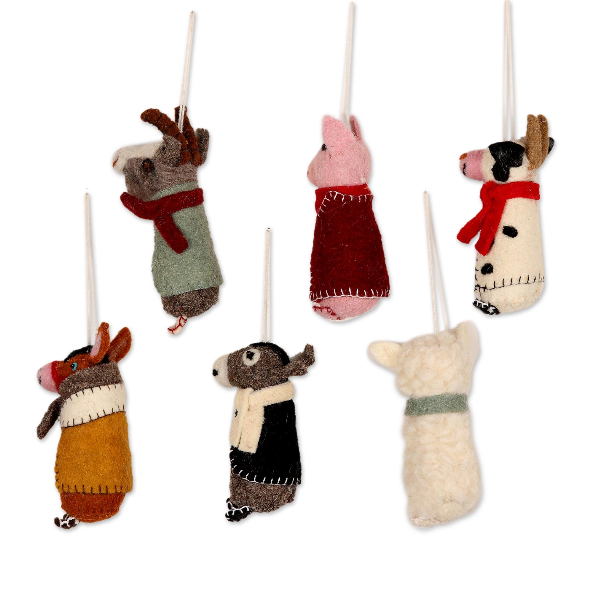 Premium Handcrafted Wool Animal Holiday Ornaments - Barnyard Bunch (Set of 6)