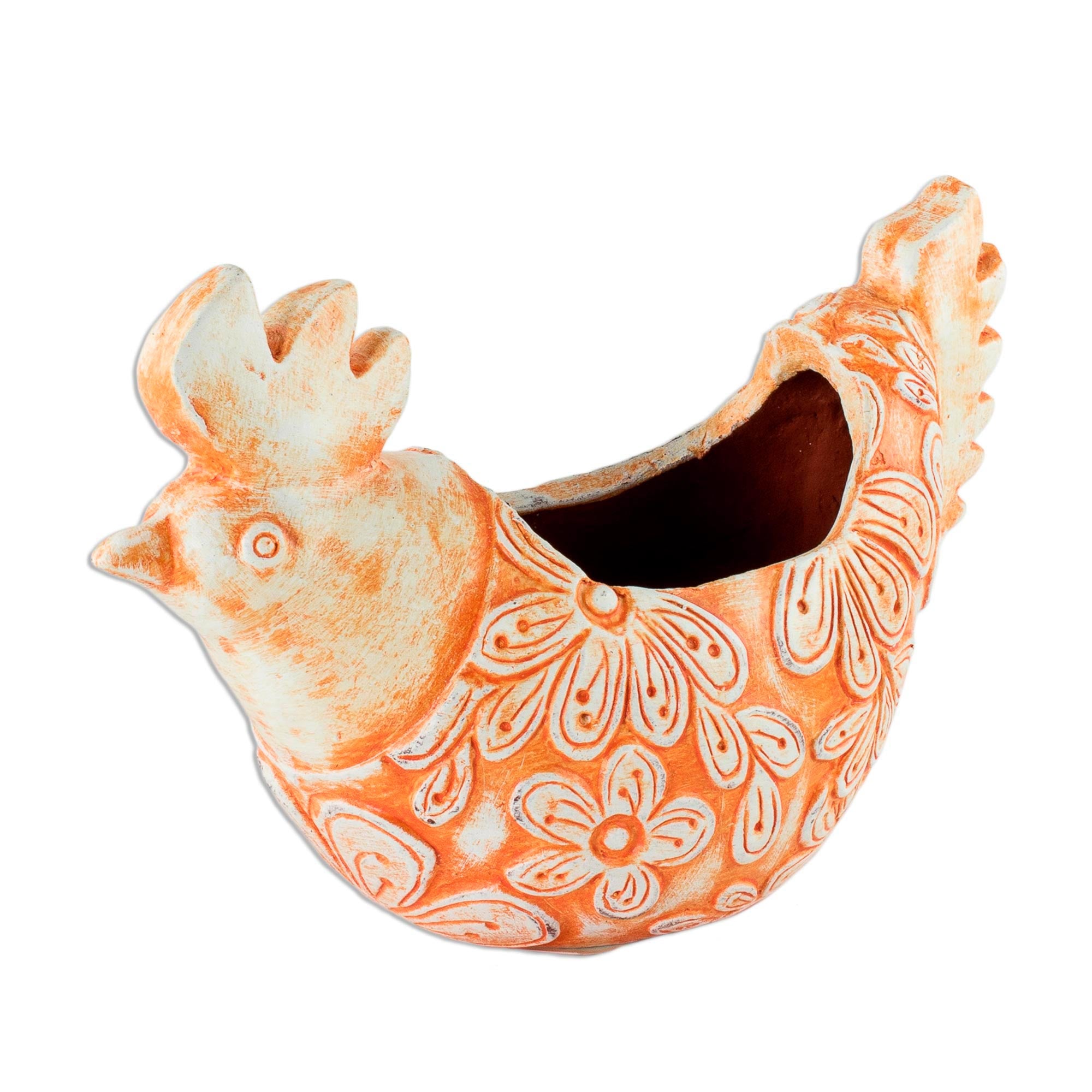 Premium Handcrafted Ginger Hen Ceramic Flower Pot - Vibrant Orange Home Decor from El Salvador