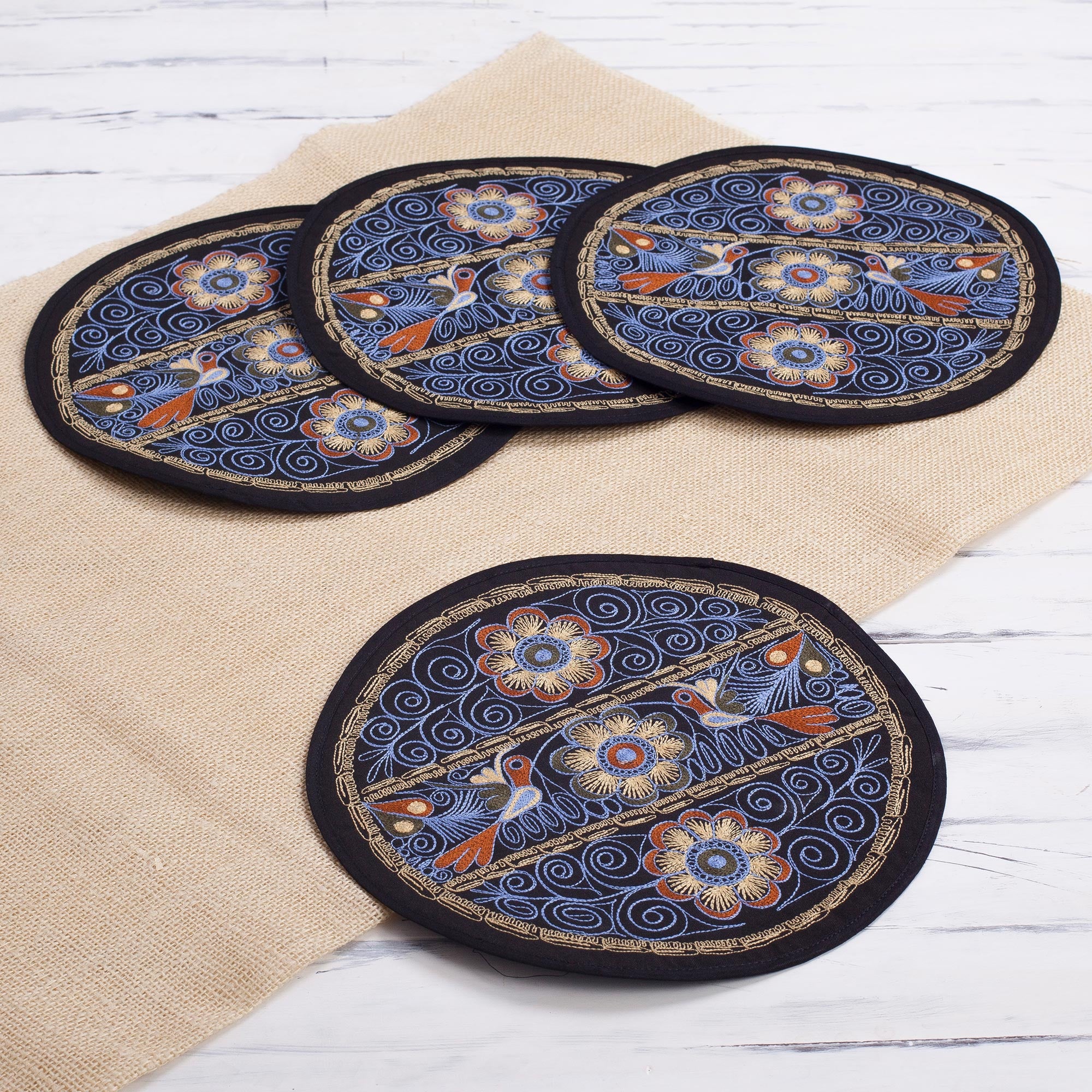 Premium Sky Blue Floral Embroidered Peruvian Placemats – Set of 4