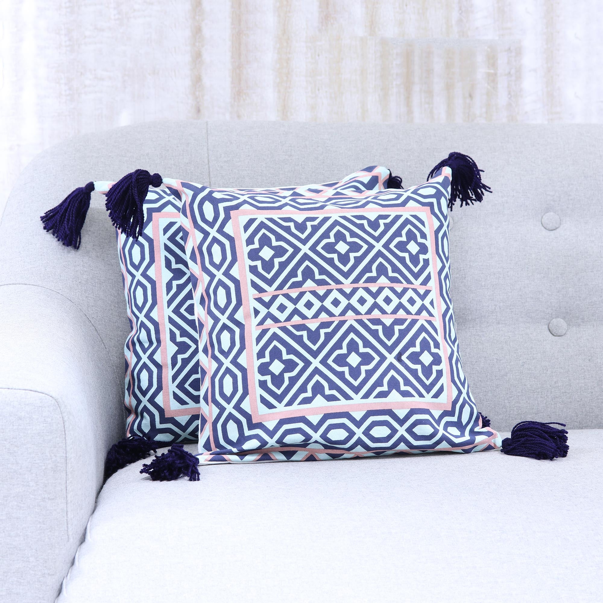 Premium Geometric Blooms Cotton Cushion Covers - Navy, Coral & Aqua