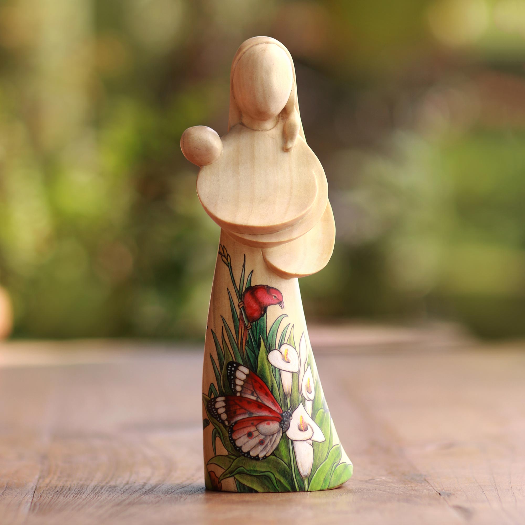 Premium Hand-Painted Mother and Child Wood Statue from Bali
