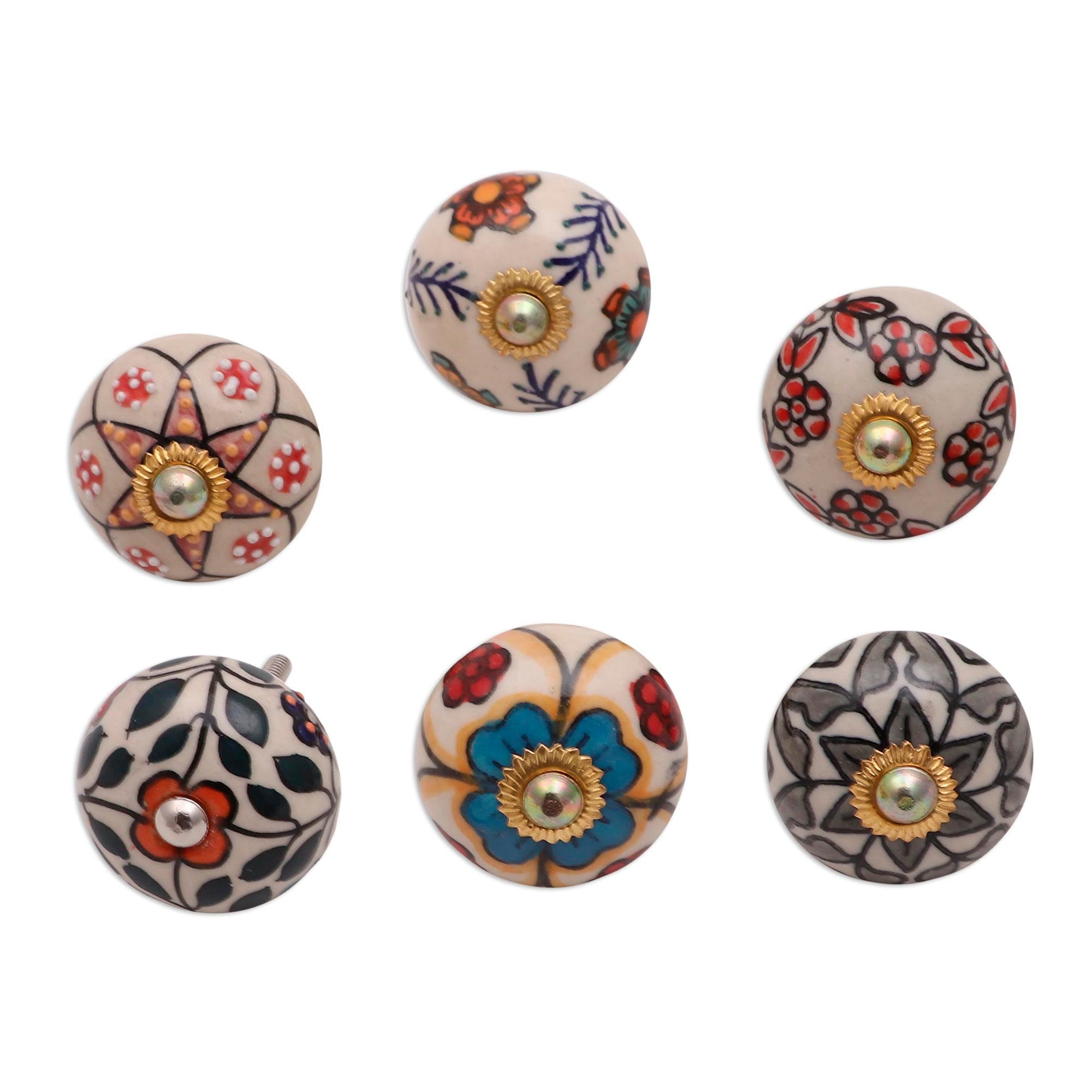 Premium Handcrafted Floral Ceramic Knobs - Harmonious Indian Design (Set of 6)